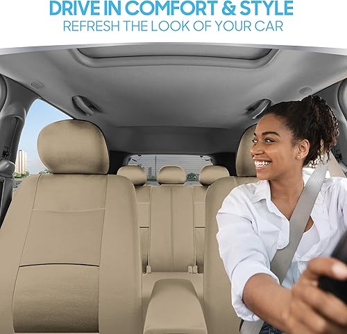 Miniatura 2 de BDK OS-309-AB - Juego completo de 9 fundas de asiento de automóvil con ribete tostado, elegante y elegante, con opción dividida, 5 reposacabezas