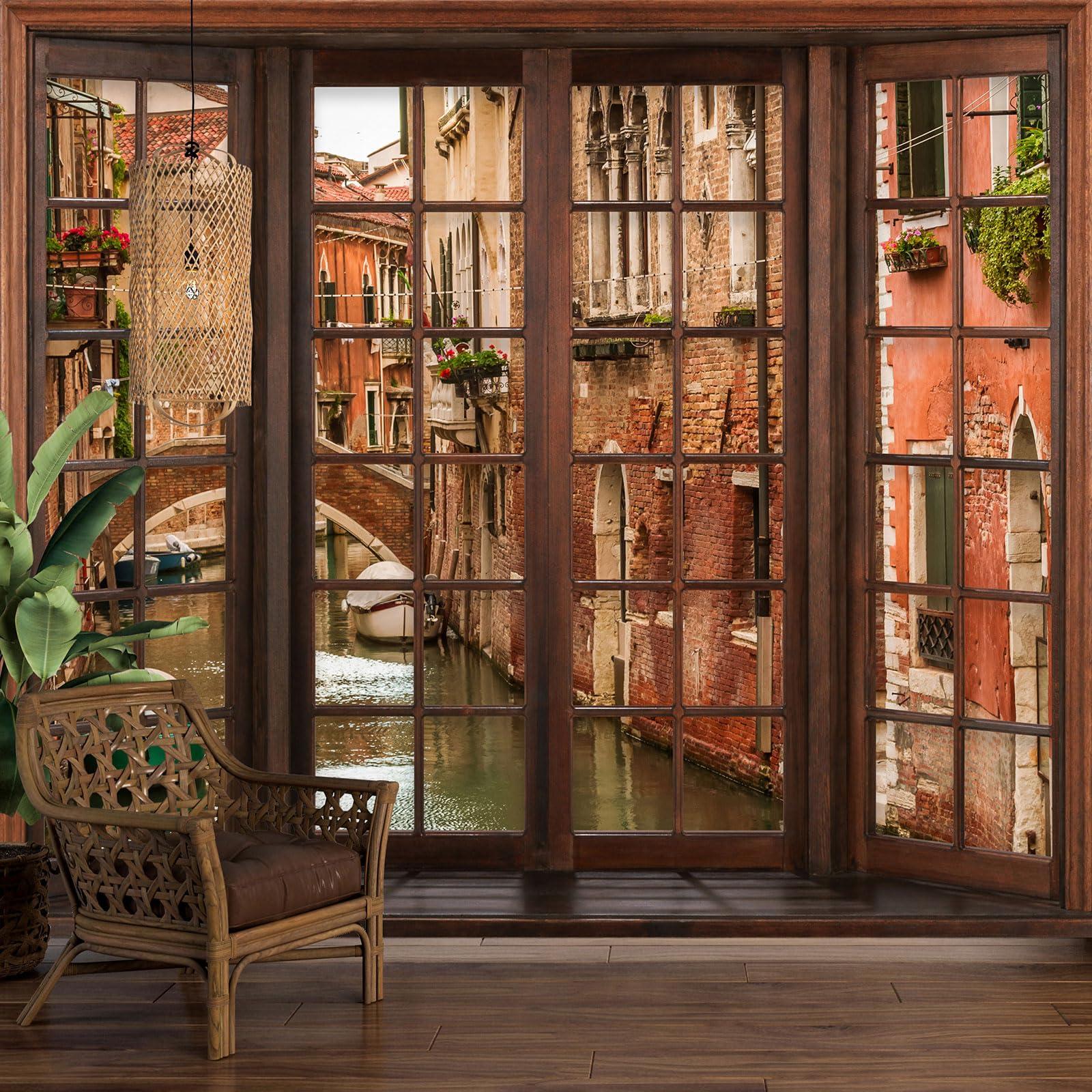 Panoramic Wallpaper Trompe l'oeil Wooden Window Venice Width 130 cm x Height 104 cm