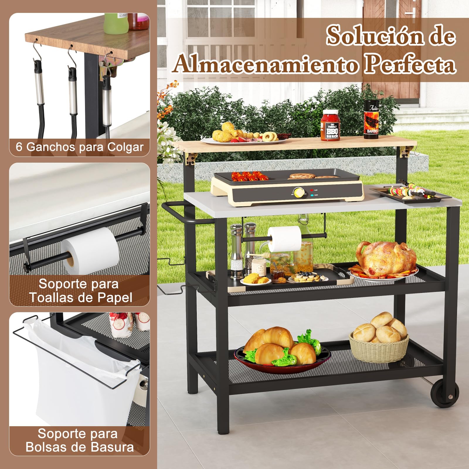 COSTWAY Carrito de Barbacoa de 3 Niveles, Mesa de Barbacoa con Estante y Asa Plegable, Ganchos, Soporte para Toallas de Papel y Bolsas de Basura, Carrito de Servicio, 116 x 55 x 130 cm