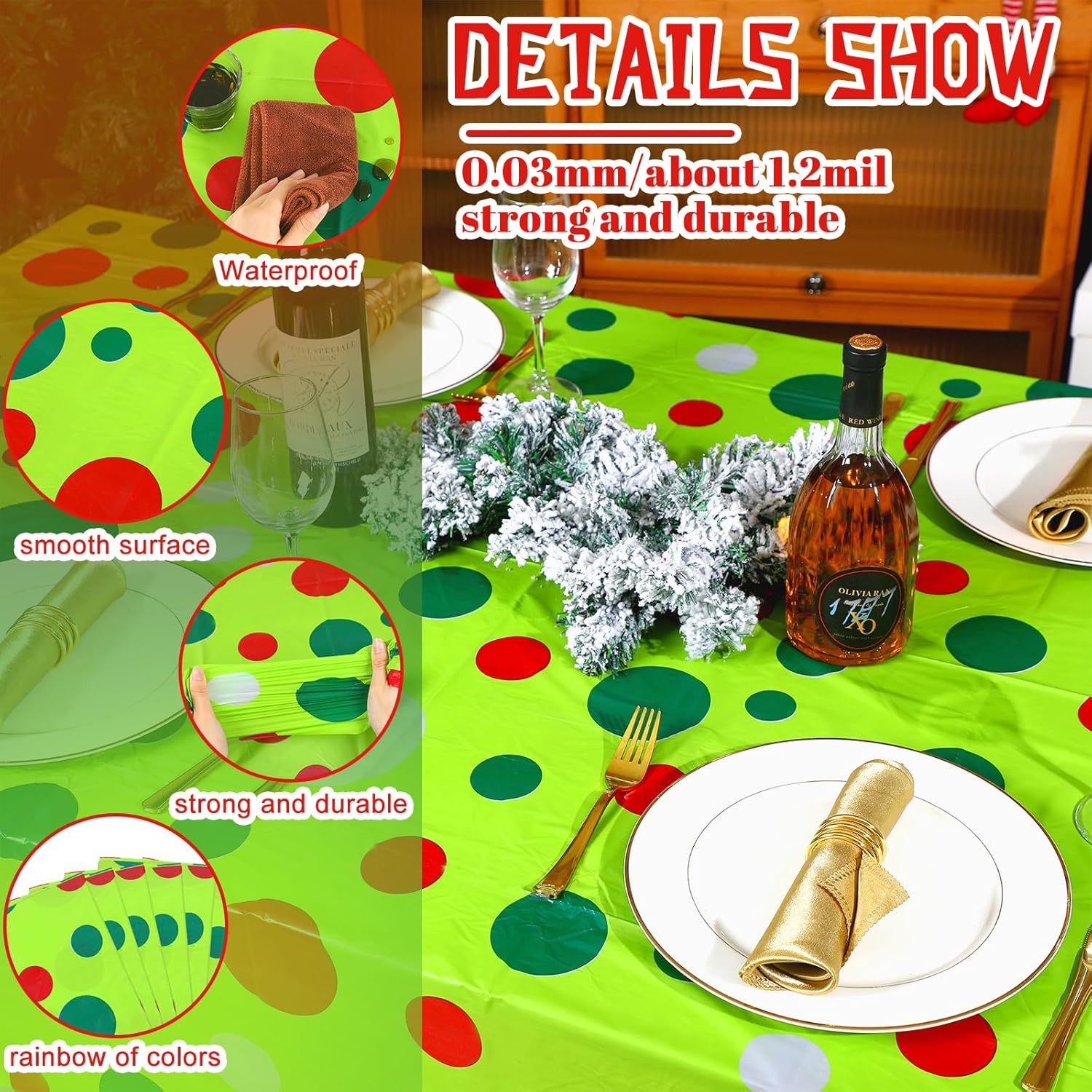 Peryiter 12 Pack Red and Green Plastic Disposable Tablecloth 108'' x 54'' Christmas Polka Dot Photo Backdrop Christmas Rectangle Table Covers for Home Wall Table Holiday Birthday Party Decorations