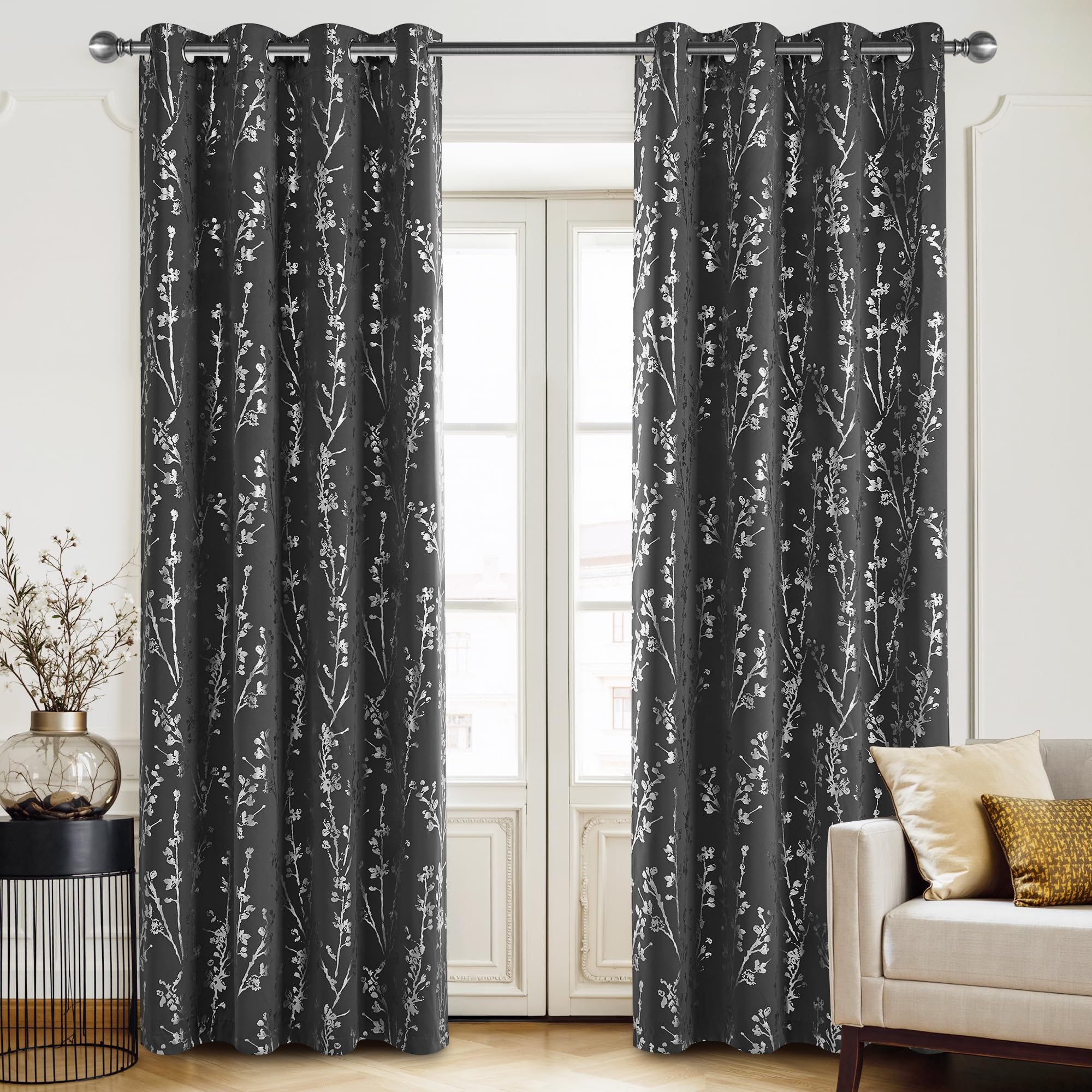 PONY DANCE 100% Grey Blackout Floral Curtains for Bedroom 54 inch Drop Eyelet Curtains for Living Room Tree Branch Foil Silver Thermal Insulated Window Drapes - Image 2