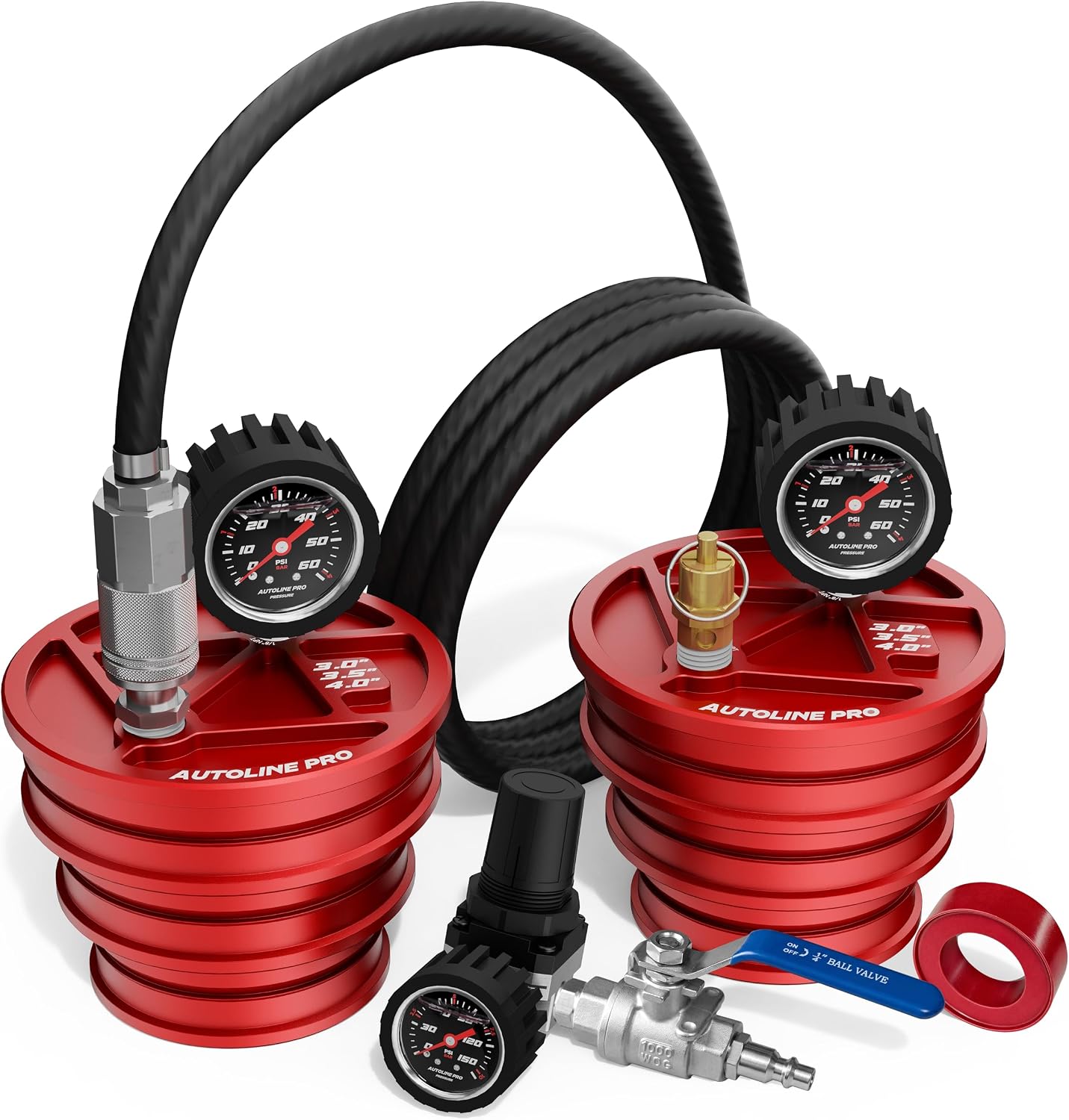 Charge Air Cooler CAC Boost Leak Tester Kit 4", 3.5", 3" - 6061 Billet Aluminum with Anti-Slip Grooves, Bead Seal, Extension Hose & 150 PSI Regulator - for Semi Trucks, Tractors & Heavy Duty Machinery