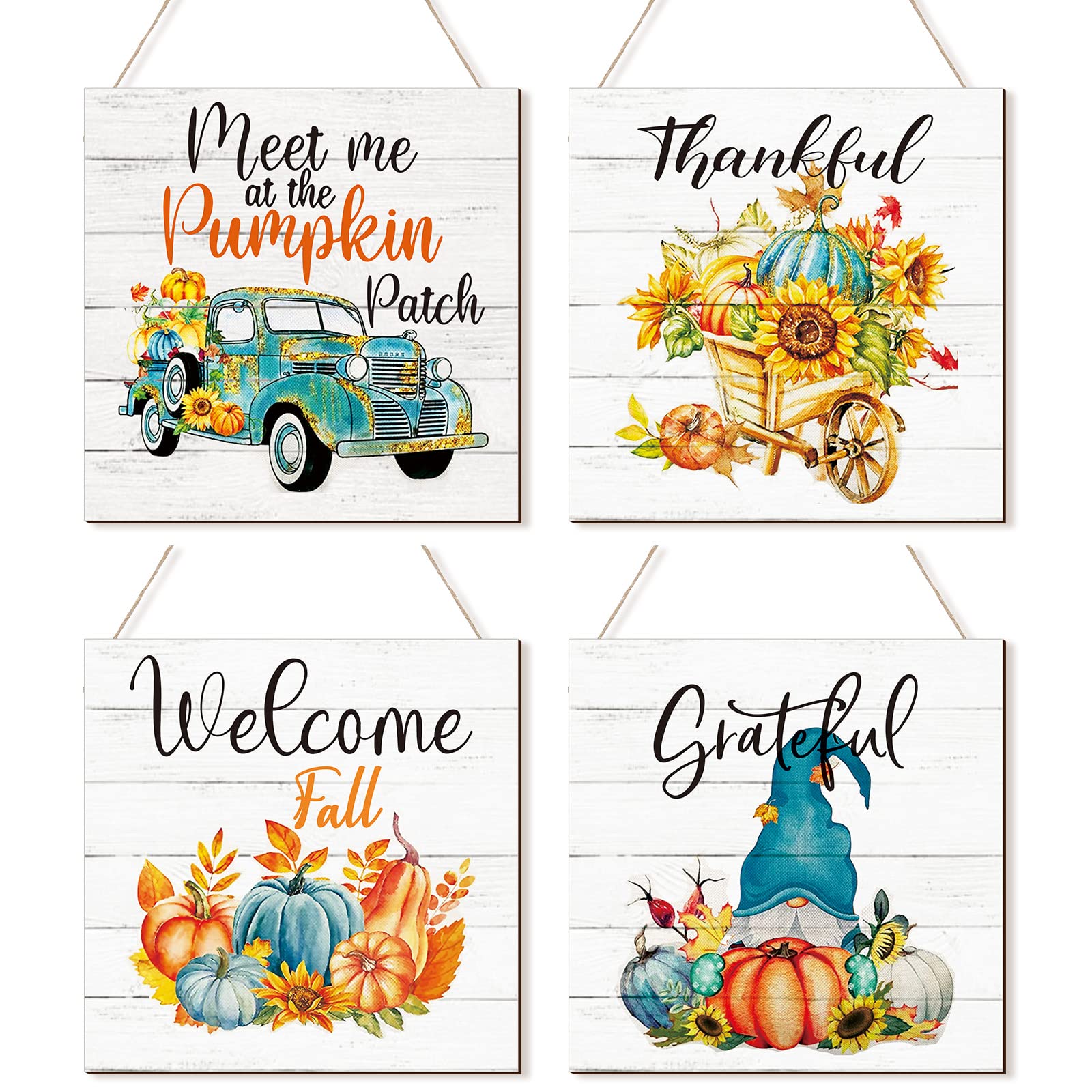 4 Pieces Fall Sign Thanksgiving Pumpkin Wood Sign Farmhouse Outdoor Teal Autumn Decor with Sunflower Gnome Truck for Home Fall Pumpkin Welcome Sign Hanging Pumpkin Shaped Fall Decoration