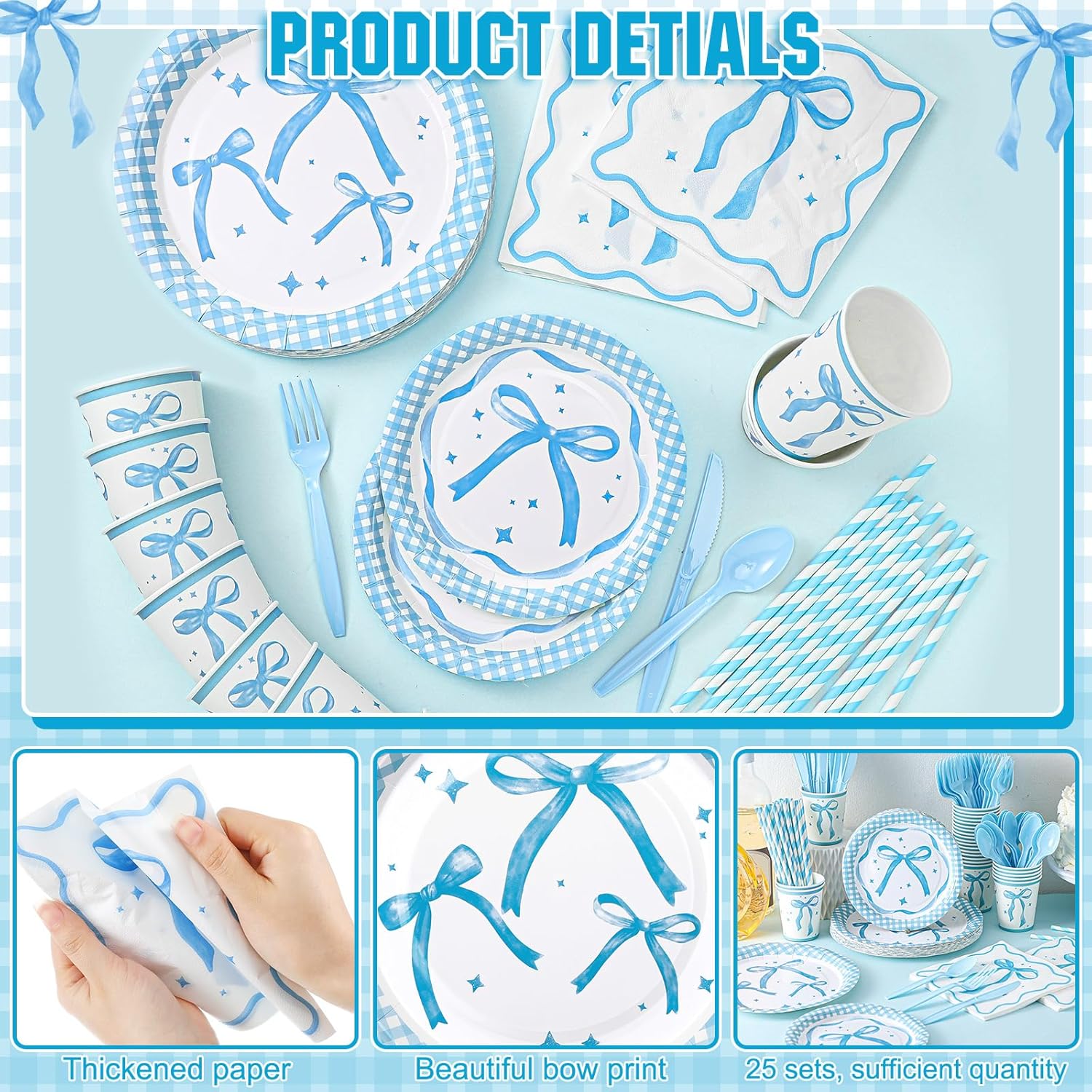 Zhehao ブルーボウパーティープレートとナプキンカップ200個 テーブルウェアセット コケット 誕生日 デコレーション バレンタ