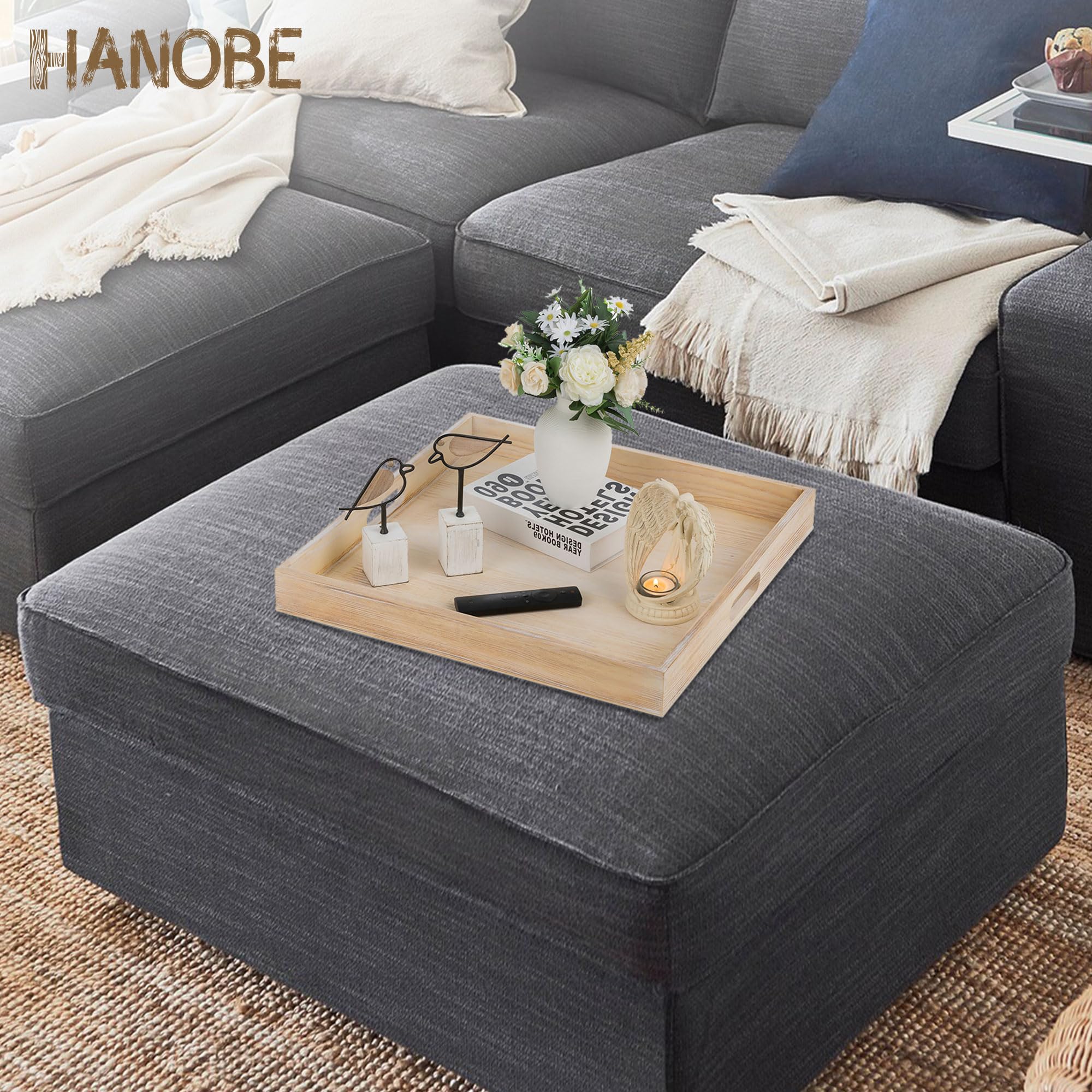 Plateau En Bois Plateau Service Hanobe 55cm - Bois MDF & Cuir Synthétique - Blanc/noir - Pour Ottoman/table Basse - Organisation & Décoration Plateau Decoratif Design