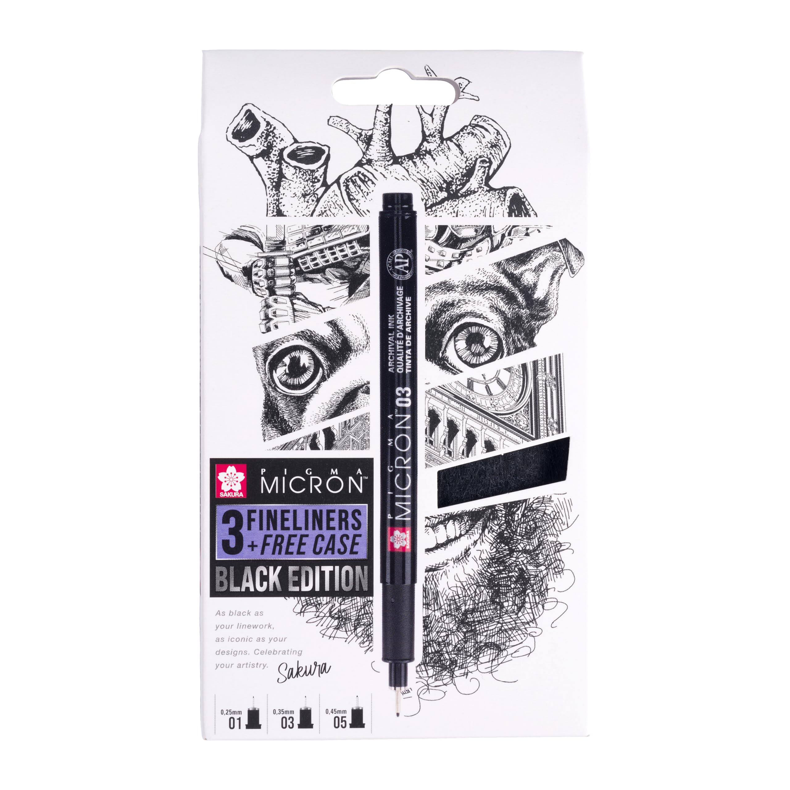 SAKURA Pigma Micron Fineliner 3er-Set + Etui | Wasserfeste schwarze Tinte, verschiedene Größen | Stifte zum Schreiben, Zeichnen & Journaling