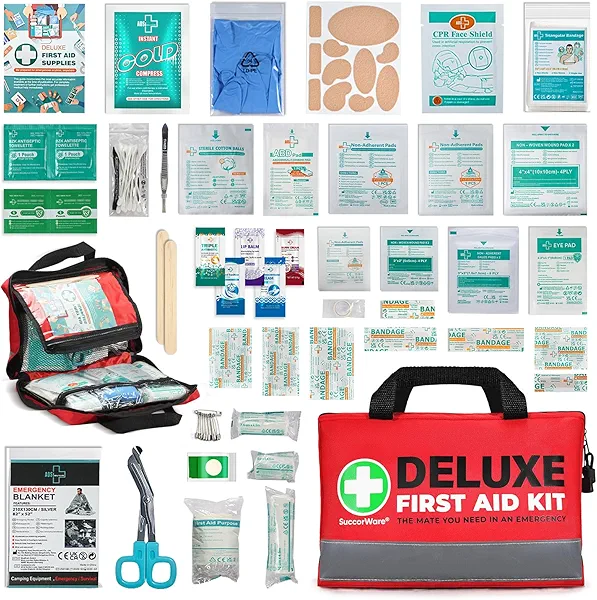 SuccorWare 380 Pieces Deluxe First Aid Kit Compact Trauma Medical Kits with Assorted Bandages, Instant Cold Pack, Emergency Blanket for Home, Travel, Camping, Vehicle, Emergency Kits(Red)