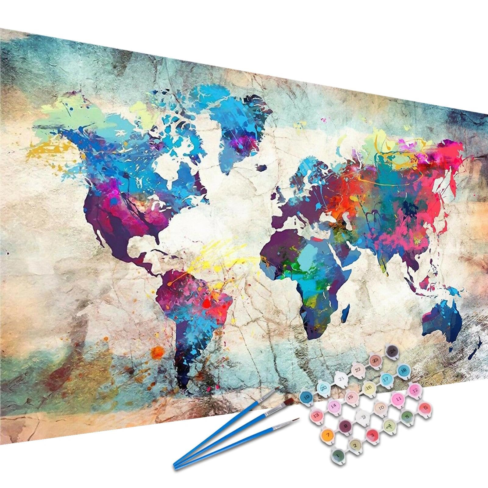 YALKIN Paint by Numbers Kits for Adults, World Map Painting by Number Kits On Canvas,Without Frame DIY Color Oil Painting Acrylic Paints,Home Wall Decor 16x35in/40x90cm