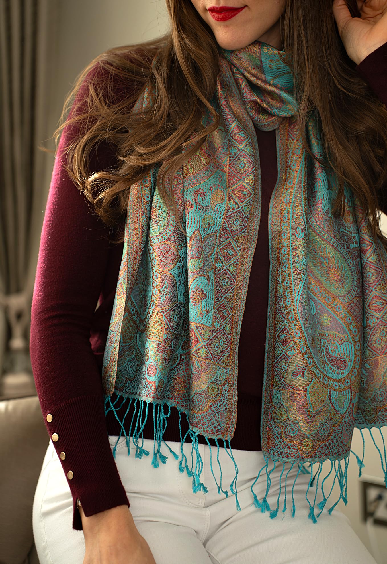 Sciarpa di seta multicolore metallizzata Paisley, sciarpa leggera, sciarpa da donna, regalo per lei, sciarpa a spalla, regalo di compleanno, sciarpa primaverile, sciarpa estiva, Multicolore,