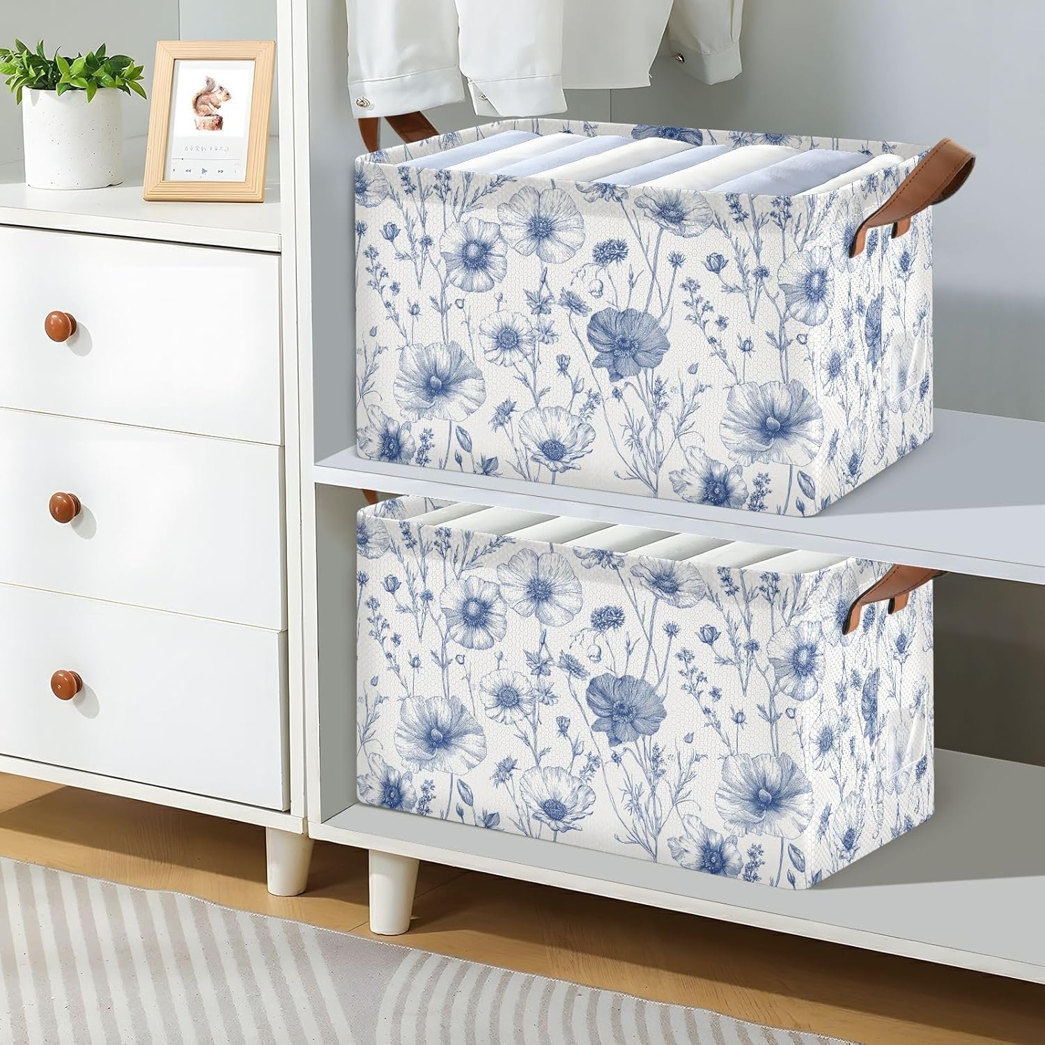 Vintage Blue Wildflower Retro Floral Storage Basket Foldable Cube Storage Bins with Handles&Labels Waterproof Organizer Box Bin Large Rectangle Baskets for Shelves Home Living Room Closet, 2 Pack