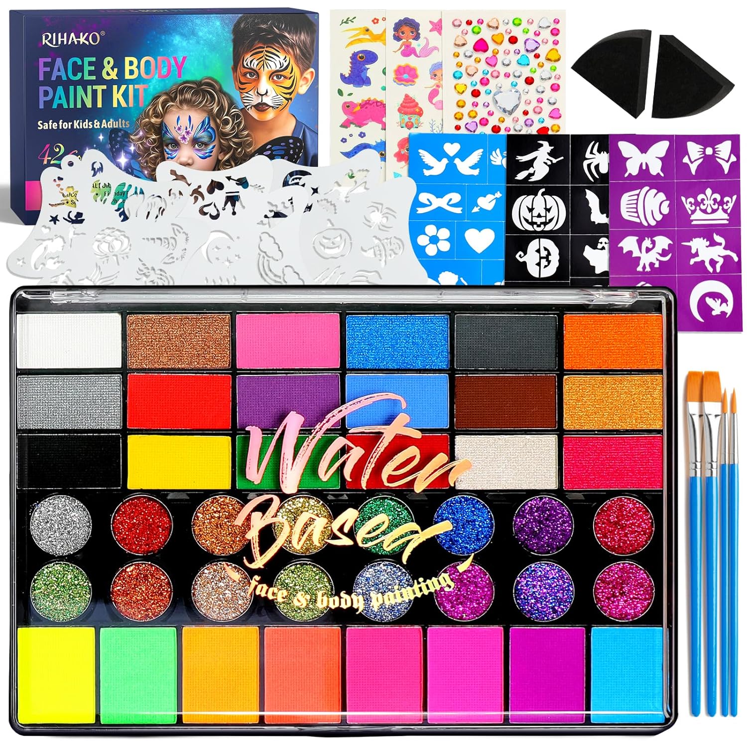 Face Painting Kit for Kids – 42 Colors Professional Face Paint Kit,Non-Toxic face Paint With Stencils, Brush, Gems. For Carnival, Halloween, Costume Makeup and Any Creative Activity with Kids