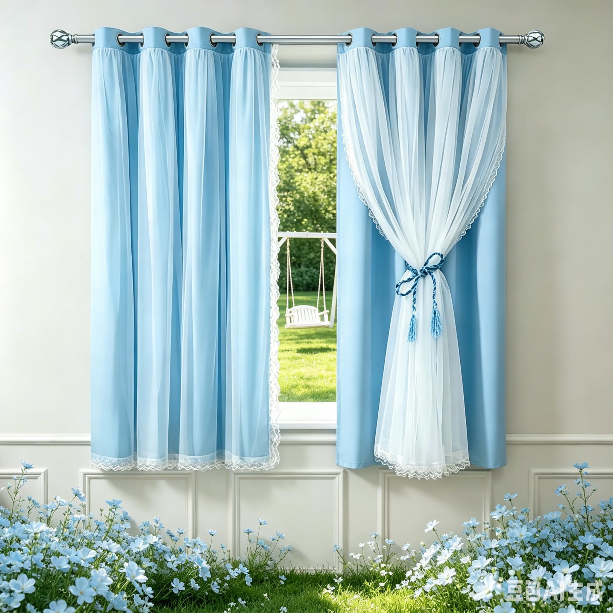Kurze Verdunkelungsvorhänge mit durchsichtigen Vorhängen, doppellagig, mit Thermoösen, blaue Fensterbehandlungen für Kinder/Mädchen, Jungen, Schlafzimmer, Kinderzimmer, Hellblau, 2 Stück