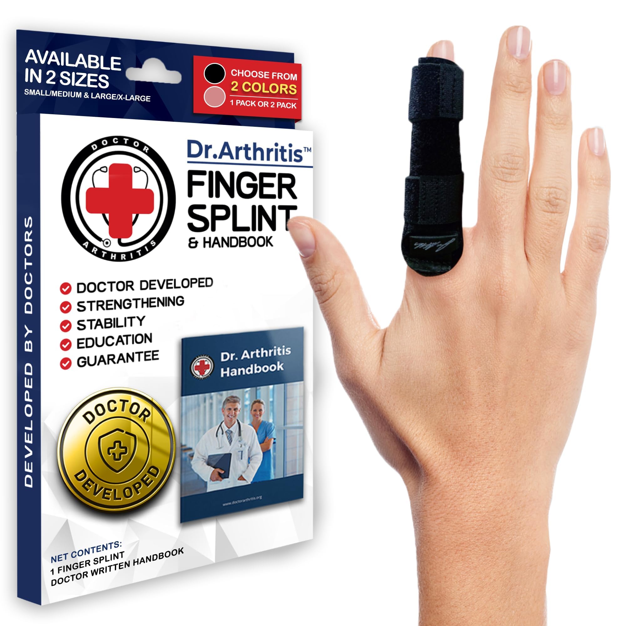 Doctor Developed Finger Splint & Handbook - Trigger Finger, Arthritis, RSI - Fits Ring, Index, Pinky & Middle - 2 sizes (Black, S/M)