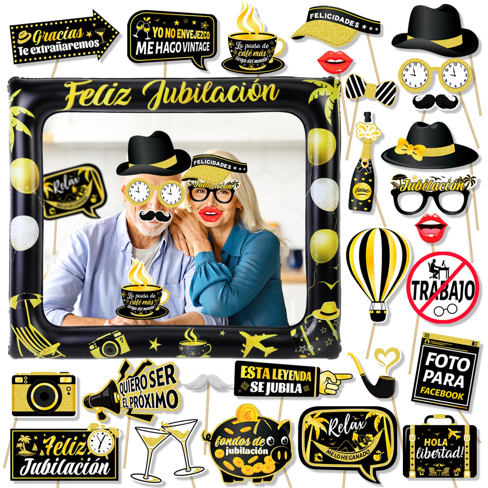 HOWAF Photocall Feliz Jubilación Español 28Pcs Accesorios Photocall Jubilación Foto Props Fotomaton + Marco de Fotos Hinchable para Decoración de Fiesta Jubilacion Oro Negro Regalos Jubilacion