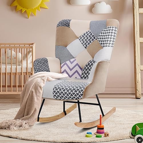 Miniatura 7 de Juego de 2 mecedoras para habitación del bebé, estilo bohemio, silla moderna para dormitorio, sala de estar, sillón tapizado copetudo con tela de