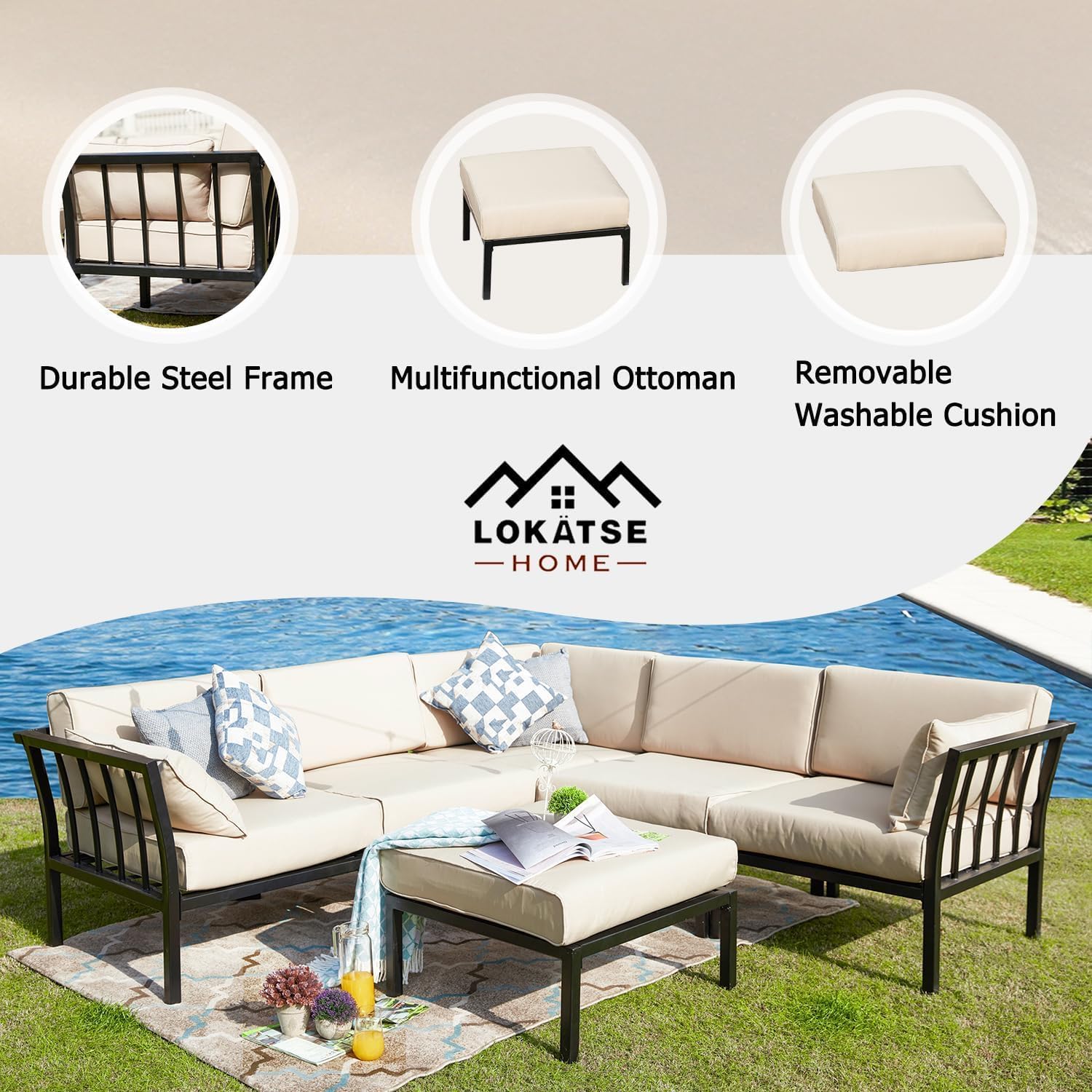 LOKATSE Home 2 Piece Corner & Armless Sofa Outdoor Furniture Sectional Couch Set Patio Loveseat