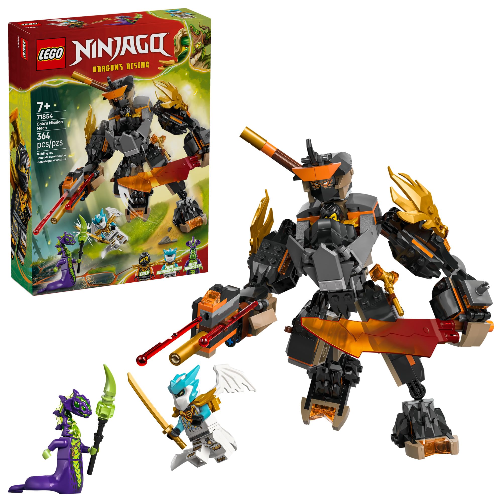 LEGO NINJAGO Cole’s Mission Mech & Dragon Zane Building Toy for Boys, Girls & Kids, Ages 7+ - Poseable Mech W/Cole, Acid Monster, & Zane Minifigures