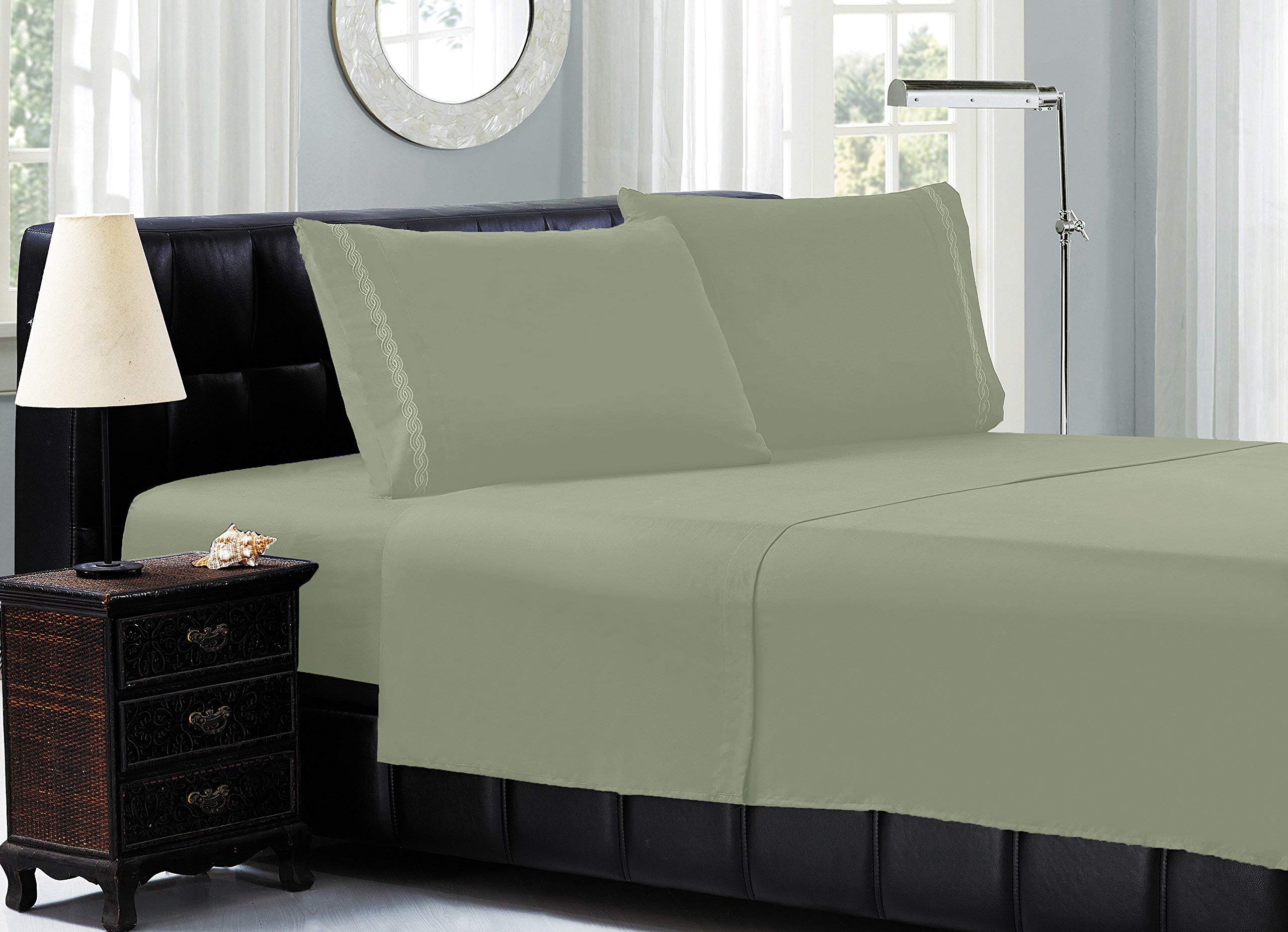 Elegant Comfort Luxury Bed Sheet Sets on Amazon 1500 Thread Count Egyptian Quality Cable Embroidery 4-Piece Sheet Set Wrinkle-Free 100%, Queen, Sage-Green