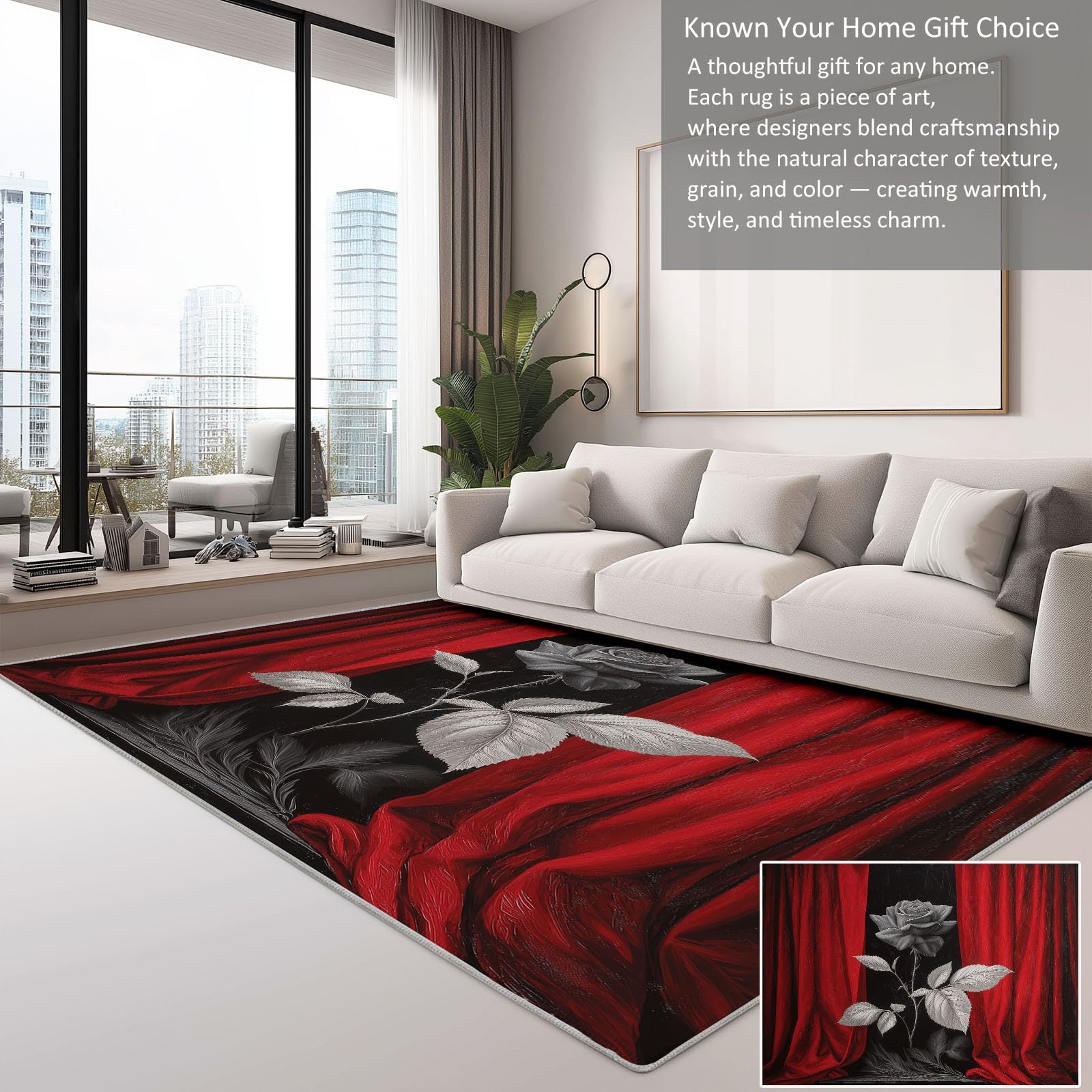 Generisch Teppich 160 x 230cm Weich rutschfest - Rote Vorhänge Schwarze Rosen Druck Muster für Dekoration Schlafzimmer Kinderzimmer Esszimmer Paarzimmer Kurzflor