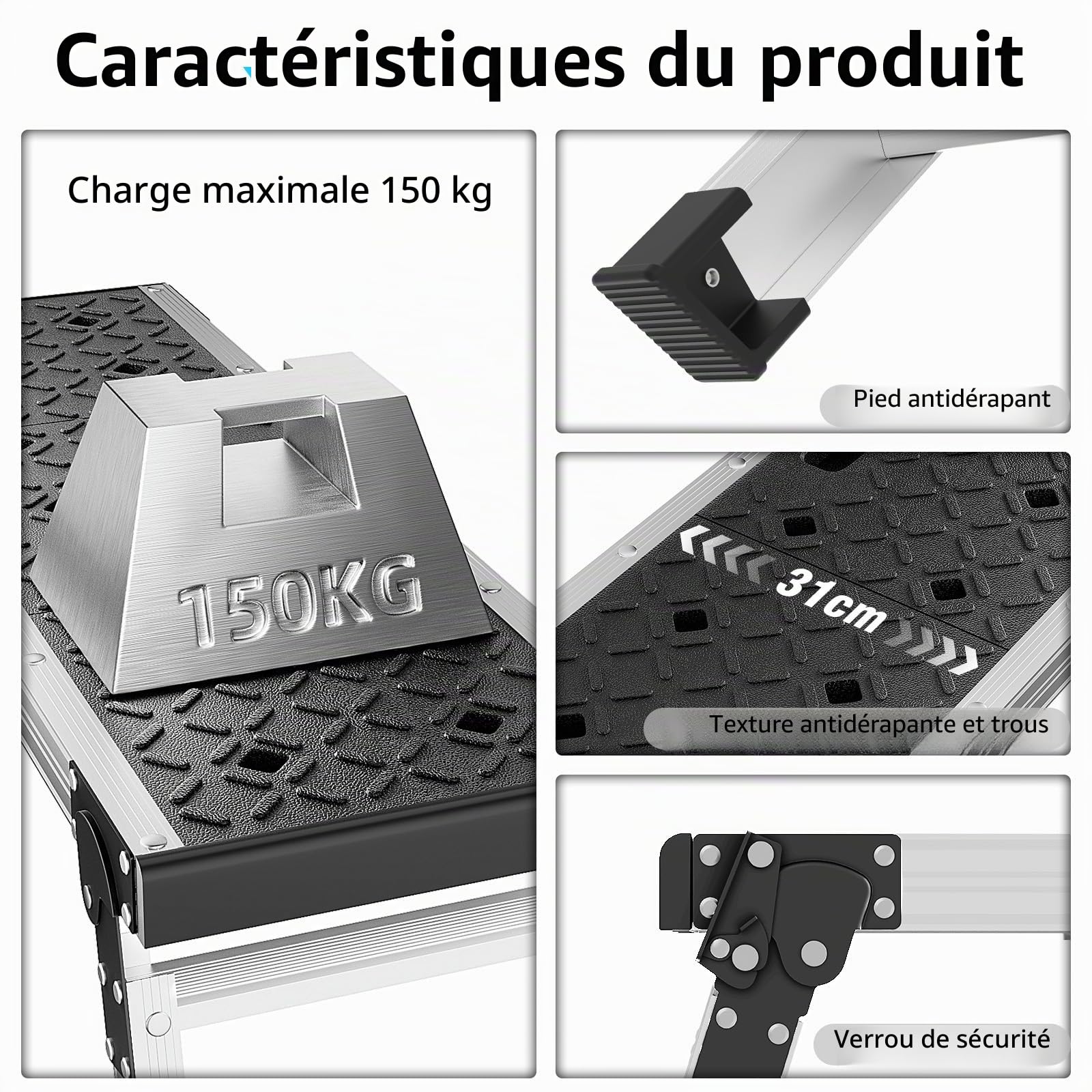 Johgee Plate-forme de travail pliable en aluminium avec pieds antidérapants, tabouret pliable avec verrous de sécurité pour nettoyage de voiture, travaux de peinture, atelier et usage domestique