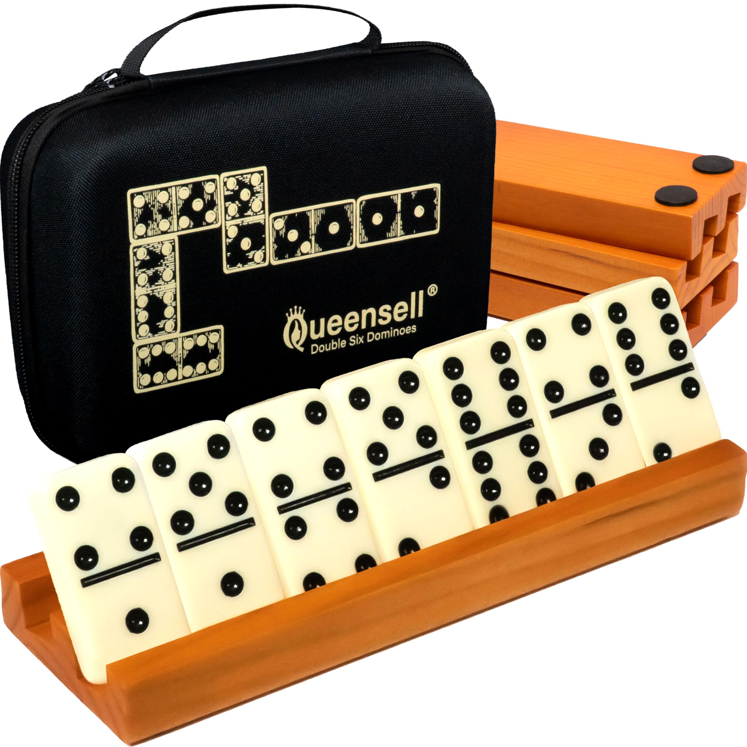 Queensell Dominos Set for Adults with 4 Domino Racks - Double 6 Dominoes Set with Domino Holder, Classic Board Games for Kids and Adults - Double Six Standard Dominos Set 28 Tiles with Travel Case