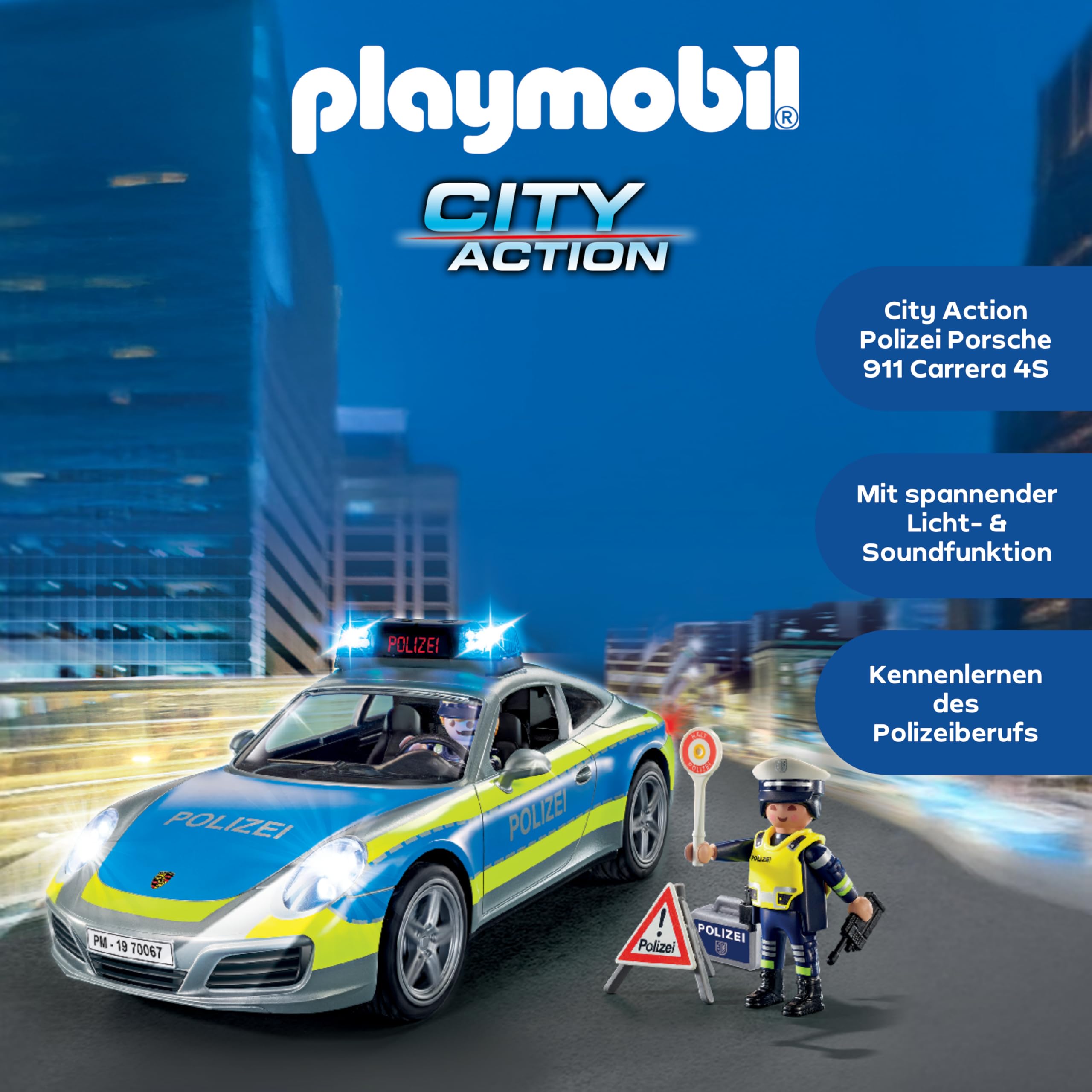 PLAYMOBIL | Cars | Porsche 911 Carrera 4S | Polizei mit Polizei-Licht und Sound | Empfohlen ab 4 Jahren | 70067