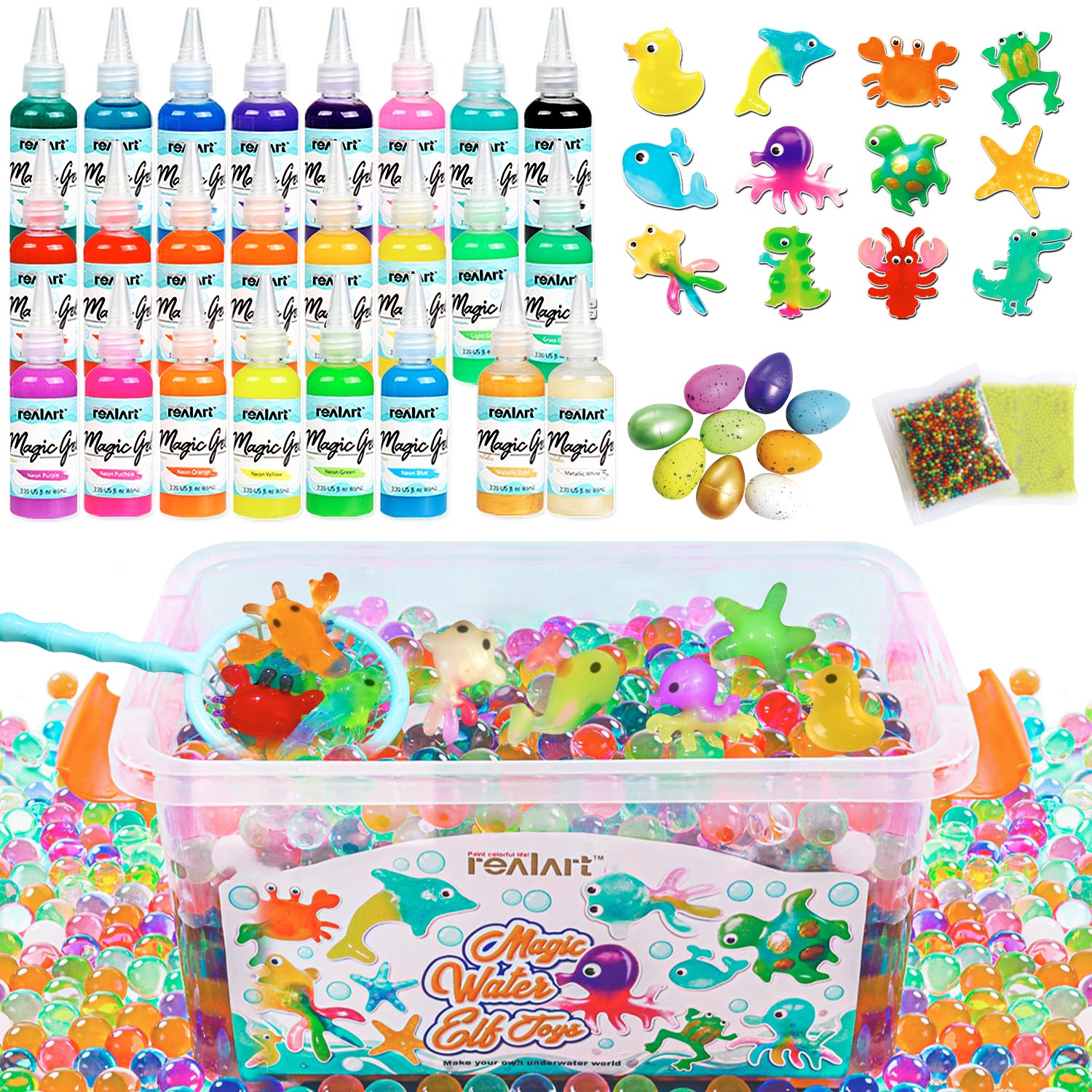 Magic Water Elf Toys for Kids Gifts Includes (24 Colors Magic Gel, 12 Sea Creature Models, 9 Dinosaur Eggs, 5000 Water Beads Etc) 3D Handmade Kids Water Toys for Kids Party Favors