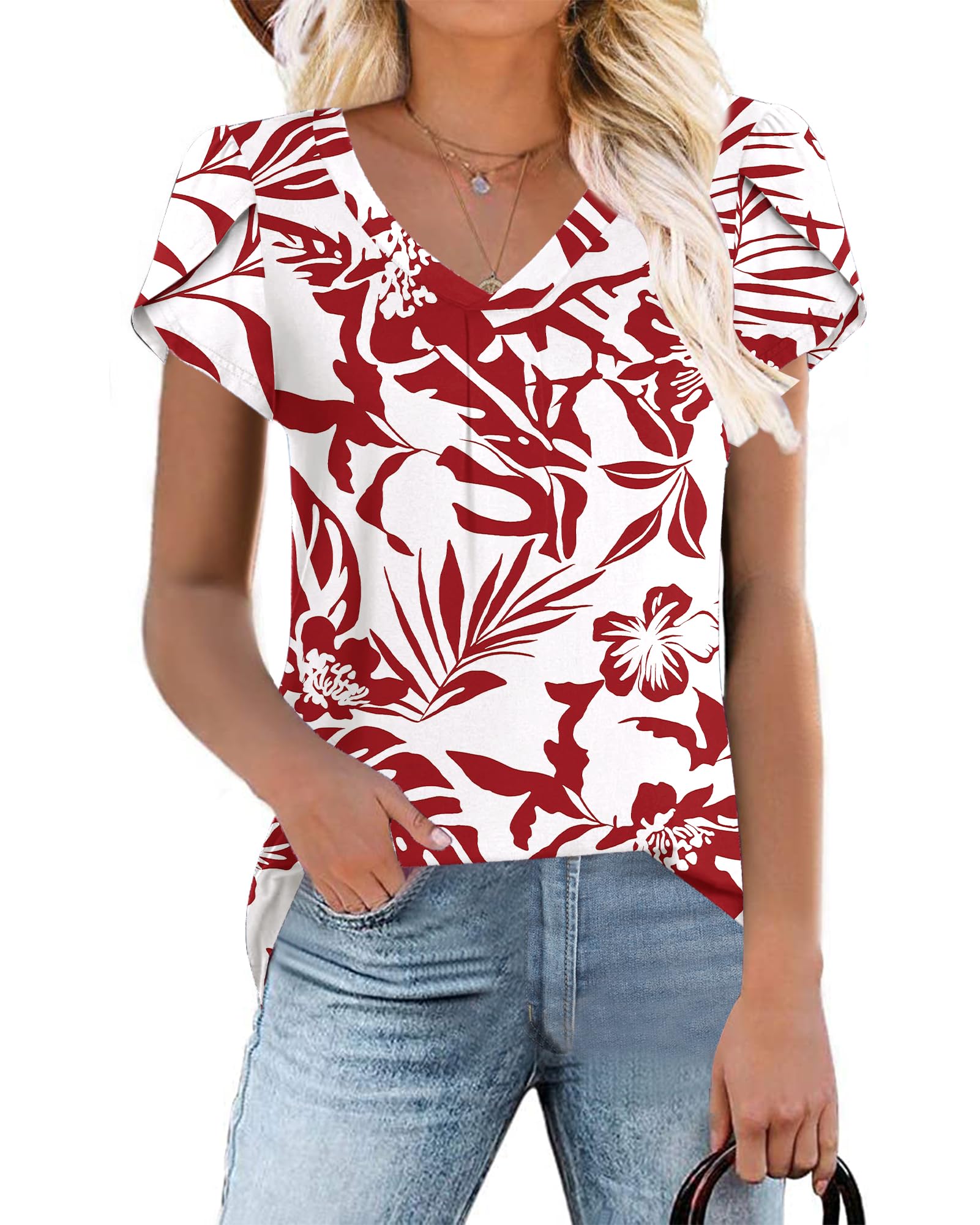 WNEEDU Women Top Summer T-Shirt 2025 Casual V Neck Petal Sleeve Blouses Loose Fit Tee Shirt