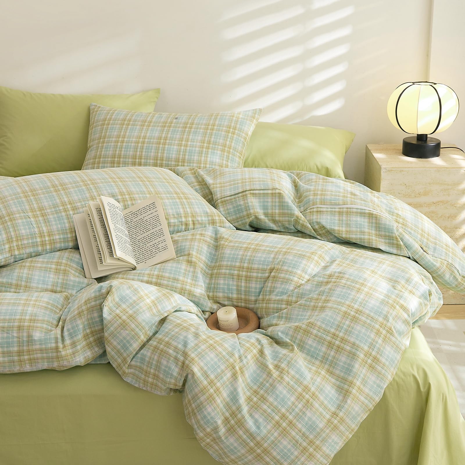 EAVD Grid Plaid Duvet Cover Queen Green Soft 100% Washed Cotton Bedding Set