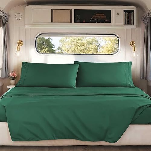 Nestl Juego de sábanas corto tamaño Queen de color verde oscuro para RV, juego de sábanas de lujo para RV tamaño Queen, juego de 4 piezas de sábanas