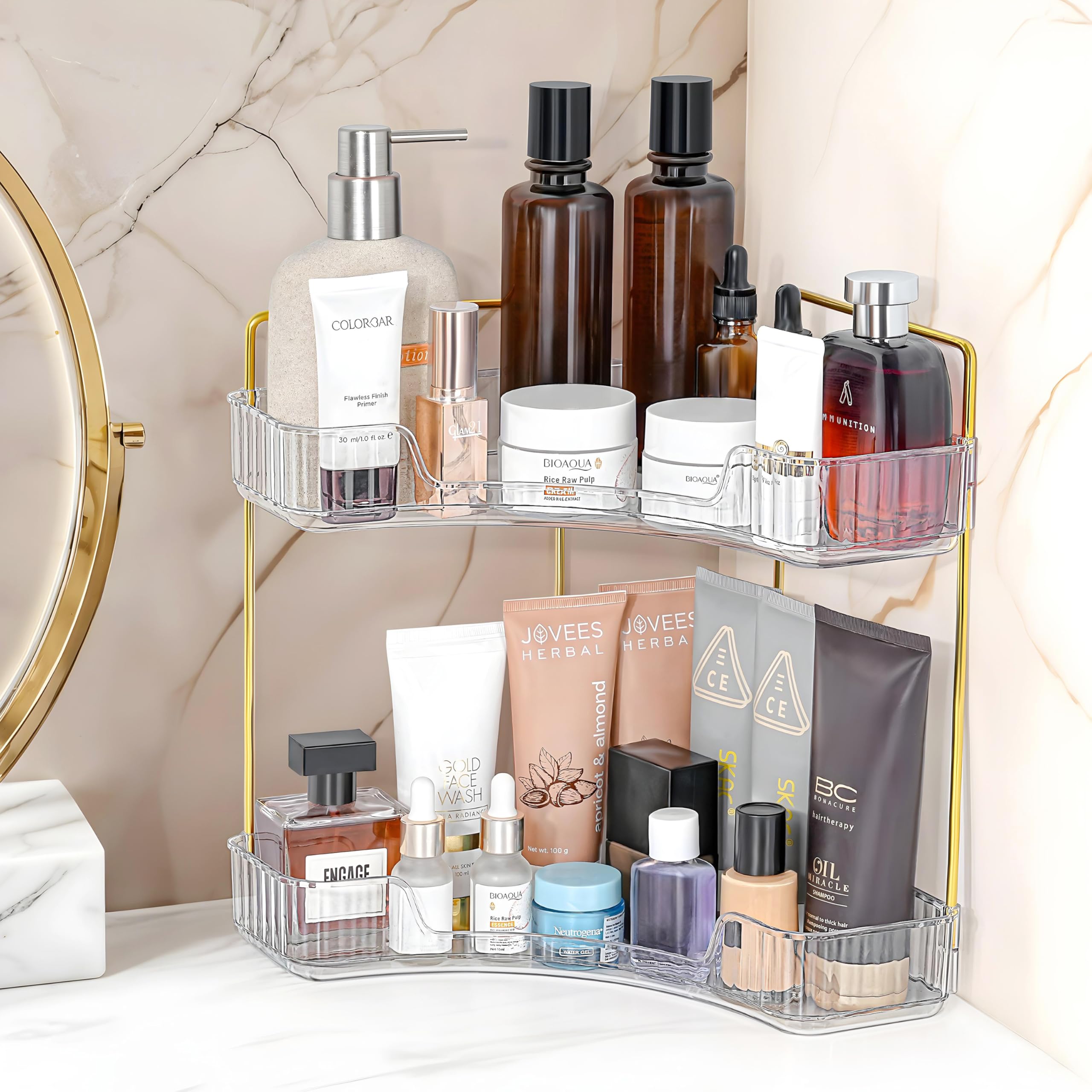 Winter Shore Estante Ducha Organizador Esquinero Transparente de 2 Niveles - Estante Baño para Cremas, Geles, Maquillaje - Bandeja Estética de Plástico Transparente para Dormitorio o Vestidor