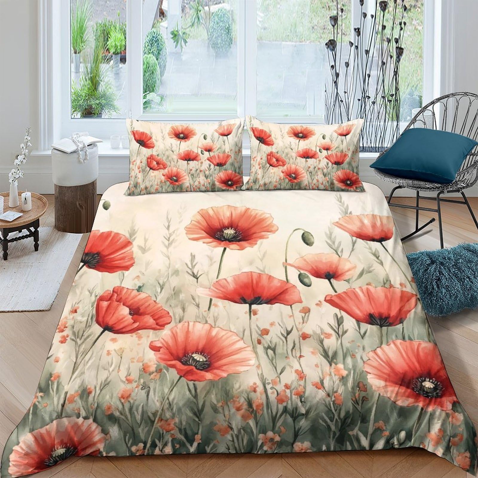 GPLZQXKJNH 3D Printed Red Poppy Flower Duvet Cover Microfiber Soft Breathable Field Meadow Bedding Set with 2 Pillowcases for Bedroom Decor Single（135x200cm）