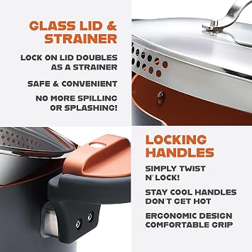 Gotham Steel 5 Quart Stock Pot Multipurpose Pasta Pot with Strainer Lid & Twist and Lock Handles, Nonstick Ceramic Surface Makes for Effortless Cleanup with Tempered Glass Lid, Dishwasher Safe