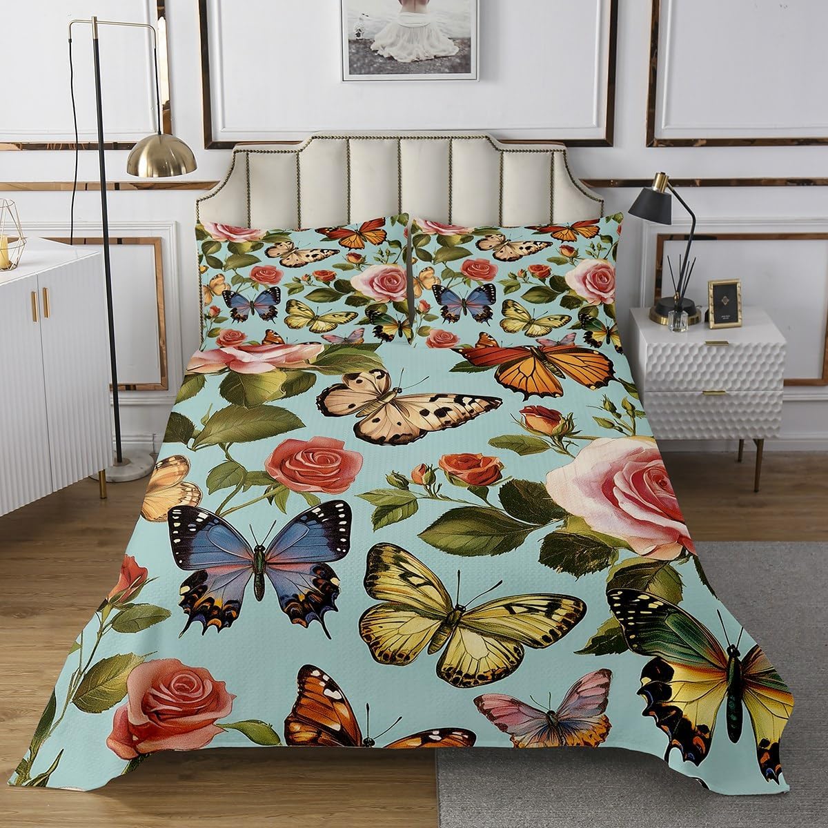 Erosebridal Roamantic Rose Quilt Set Queen Size for Kids Teens Adults,Butterflies Coverlet Set Bedroom Decor,Vlaentine Gift Bed Cover,Oil Painting Butterfly Bedspread Set