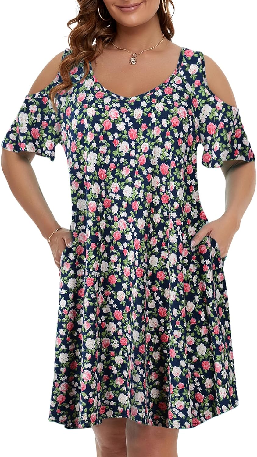 JollieLovin Womens Plus Size Short Sleeve Cold Shoulder V Neck T-Shirt Dress with Pockets