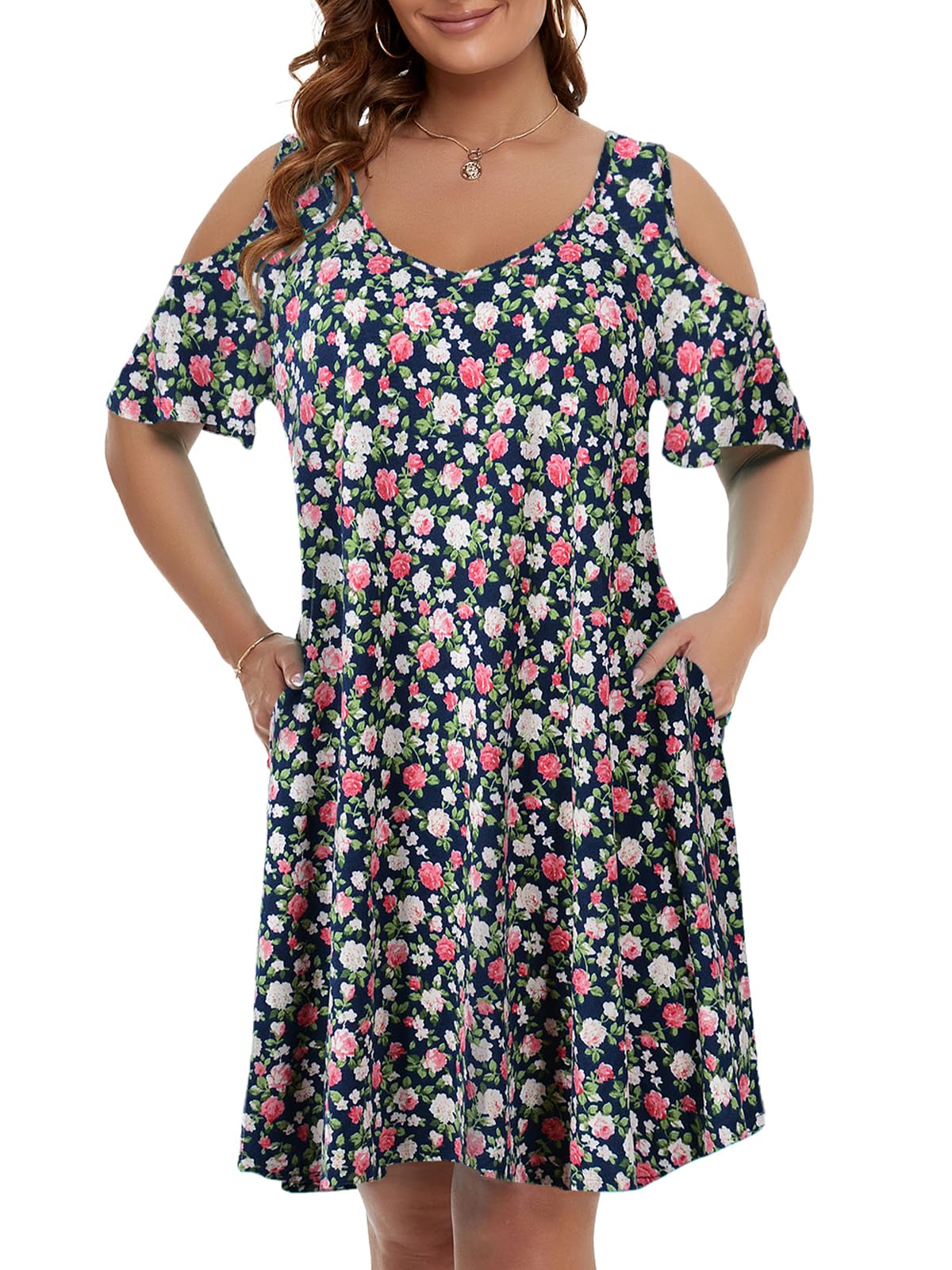 JollieLovin Womens Plus Size Short Sleeve Cold Shoulder V Neck T-Shirt Dress with Pockets