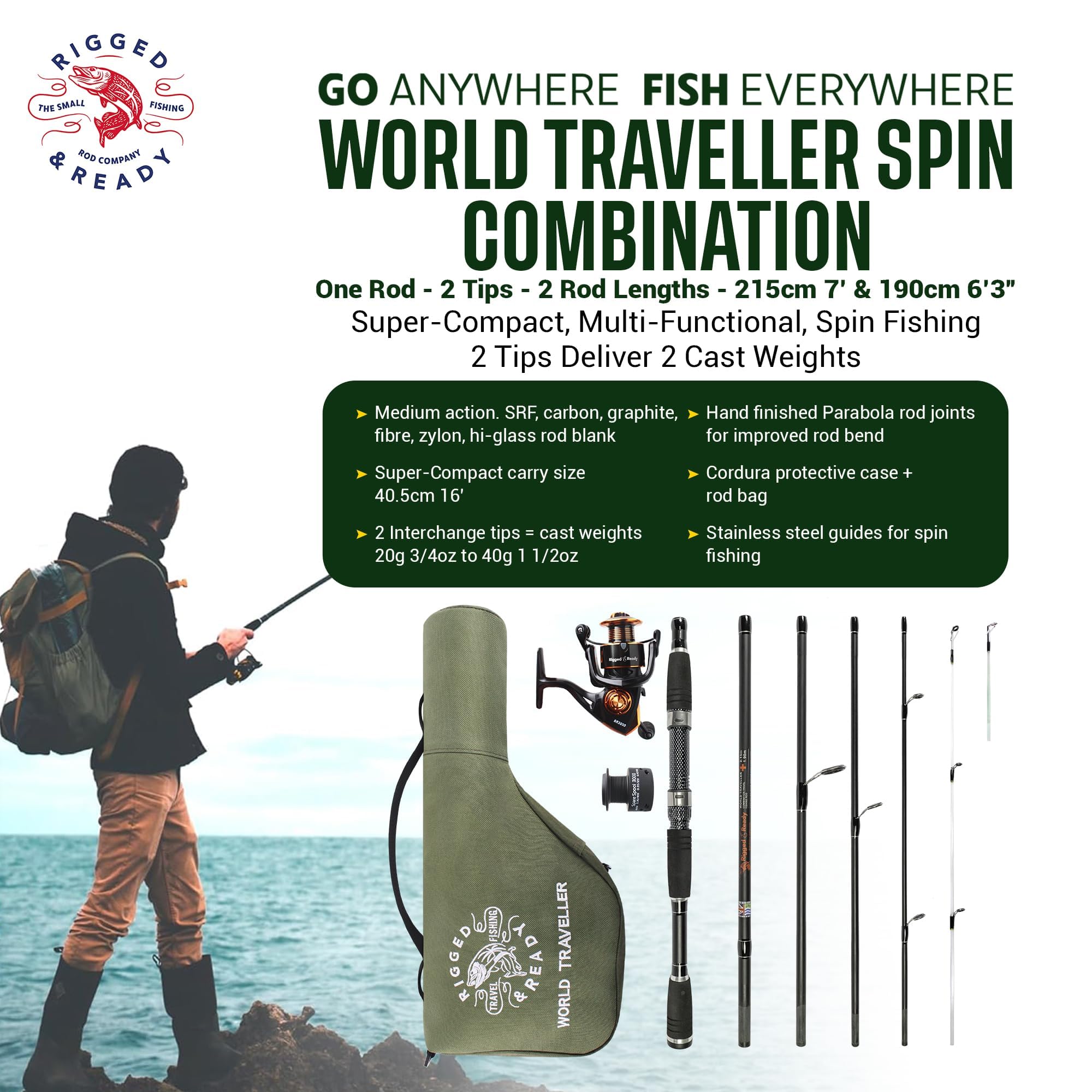 Rigged and Ready World Traveller Travel Fishing Rod Reel & Case Set Compact 6 Sections, 2 Tips 215 cm 7 Inches + 1.9 cm 6 Inches 2.5 cm Nano Carbon Fishing Rod Options Spin Bait Carp Pike Sea Fishing