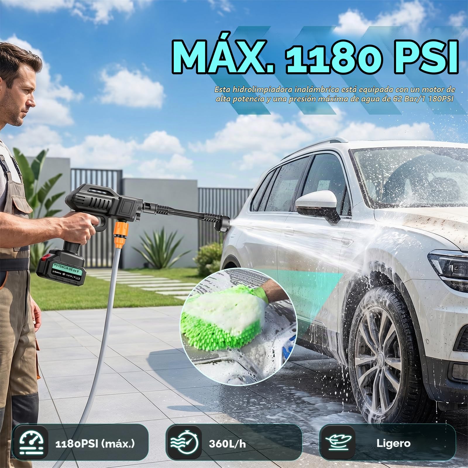 21V 80Bar 360L/H Hidrolimpiadora Bateria,6 en 1 Ajustable Boquilla Pistola de Agua a Presión con 5M Manguera y 2 Baterías, para Coche Patio Jardín Limpieza de Suelos Riego