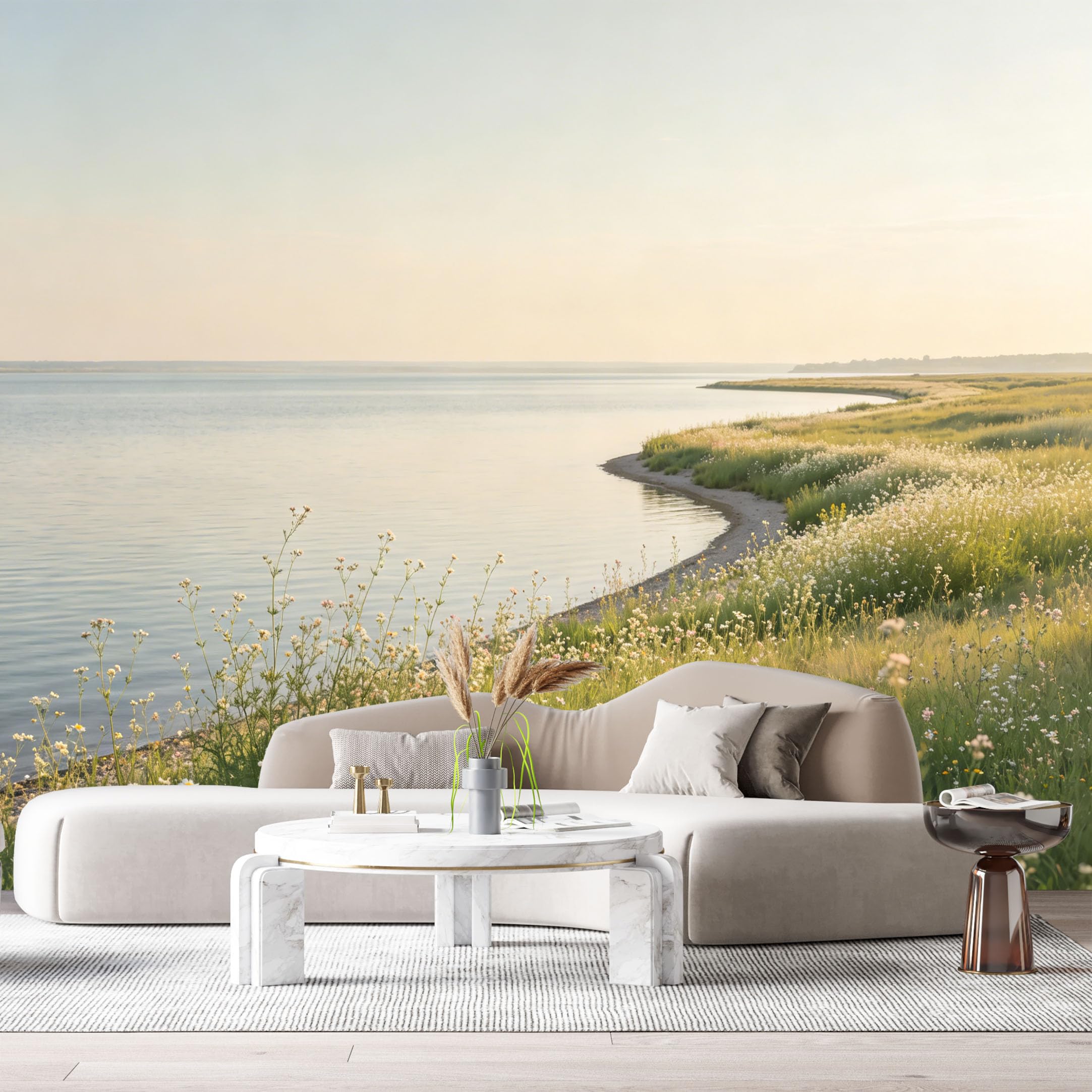 Custom Size Wall Murals Coastal Landscape Watercolor Seaside Meadow Wildflowers Gentle Shore SelfAdhesive Wall Fabric Removable Large Wallpaper for Photo Living Room