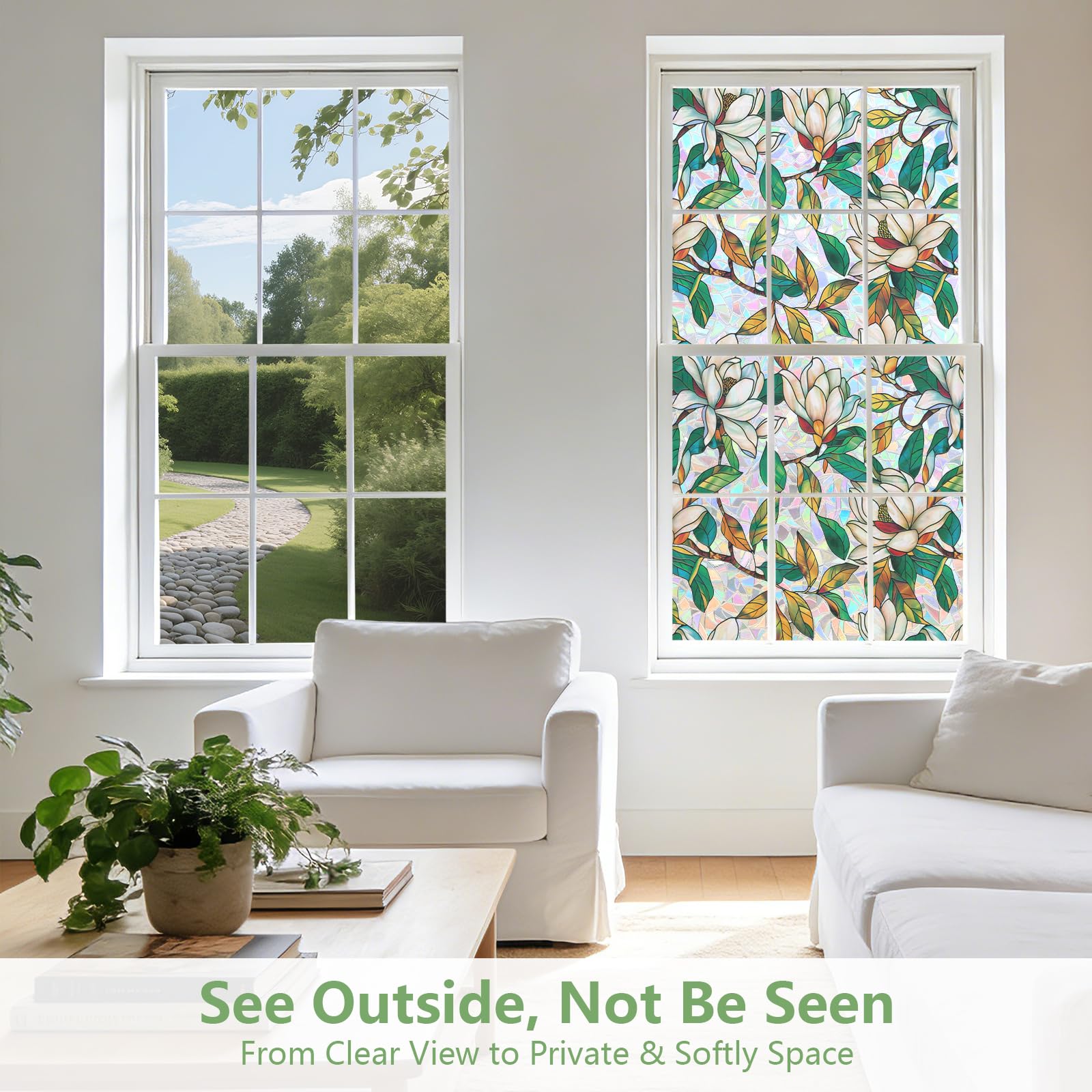 KROMAPOLIS Fensterfolie Blickdicht Fensterfolie Bunt Selbsthaftend, Sichtschutzfolie Fenster, 3D Regenbogen Folie Fenster Sichtschutz Anti UV Statisch Haftend Window Film Weiß Magnolie - 90x400cm