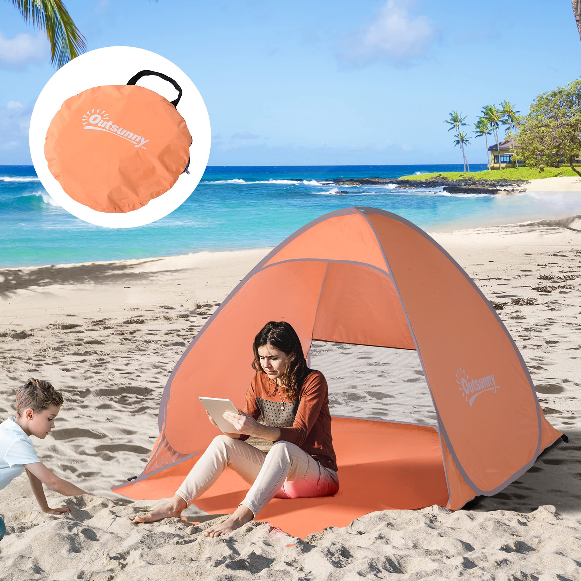 Outsunny Tenda da Spiaggia Pop Up con Protezione UV 30+, Tendalino da Mare Pieghevole con Finestra e Borsa di Trasporto, 200x150x119 cm