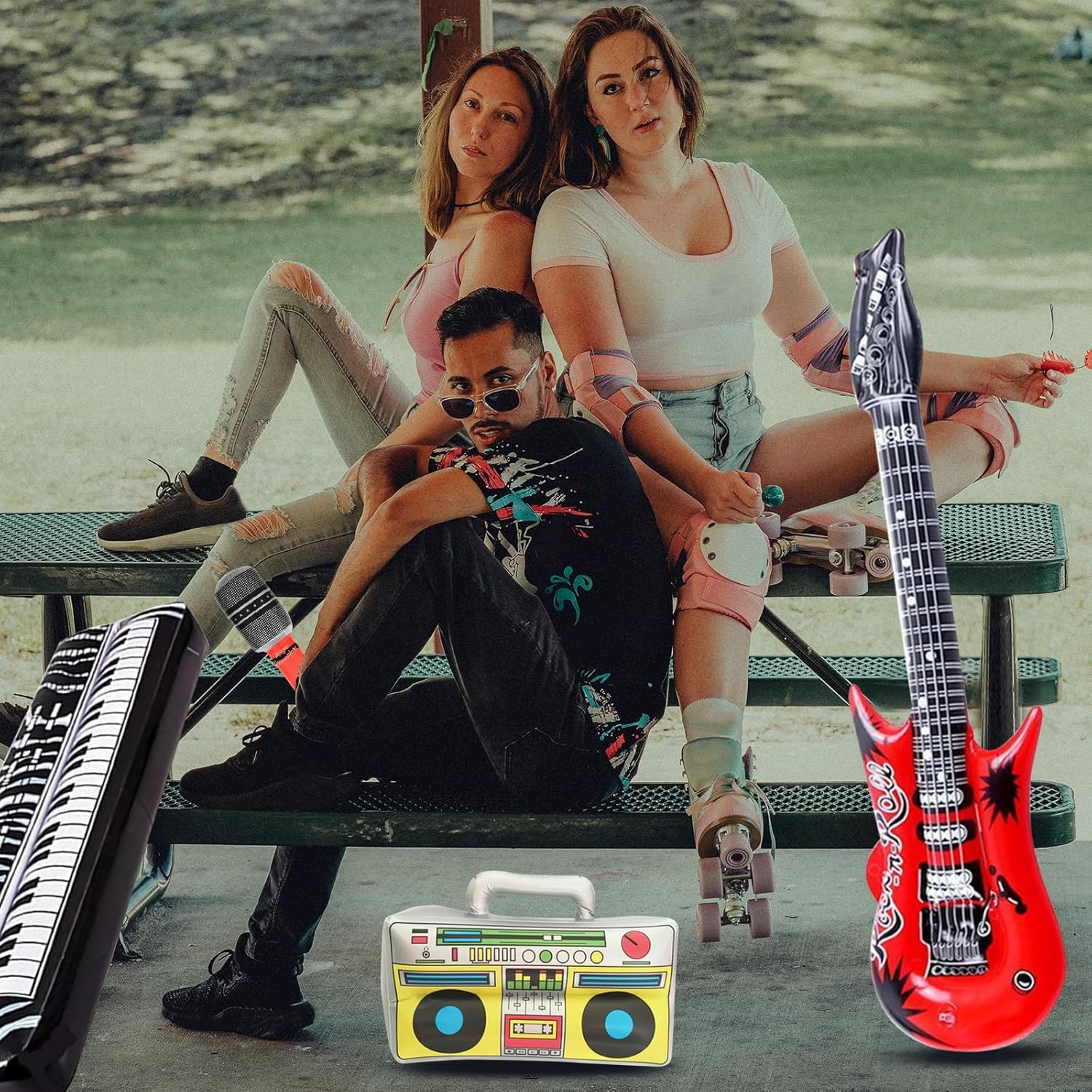 Collezione Gonfiabile di Chitarra Aria – Set di Giocattoli da Festa 6 Pezzi con Chitarre, microfoni e Pianoforte per Atmosfera da Concerto Finale