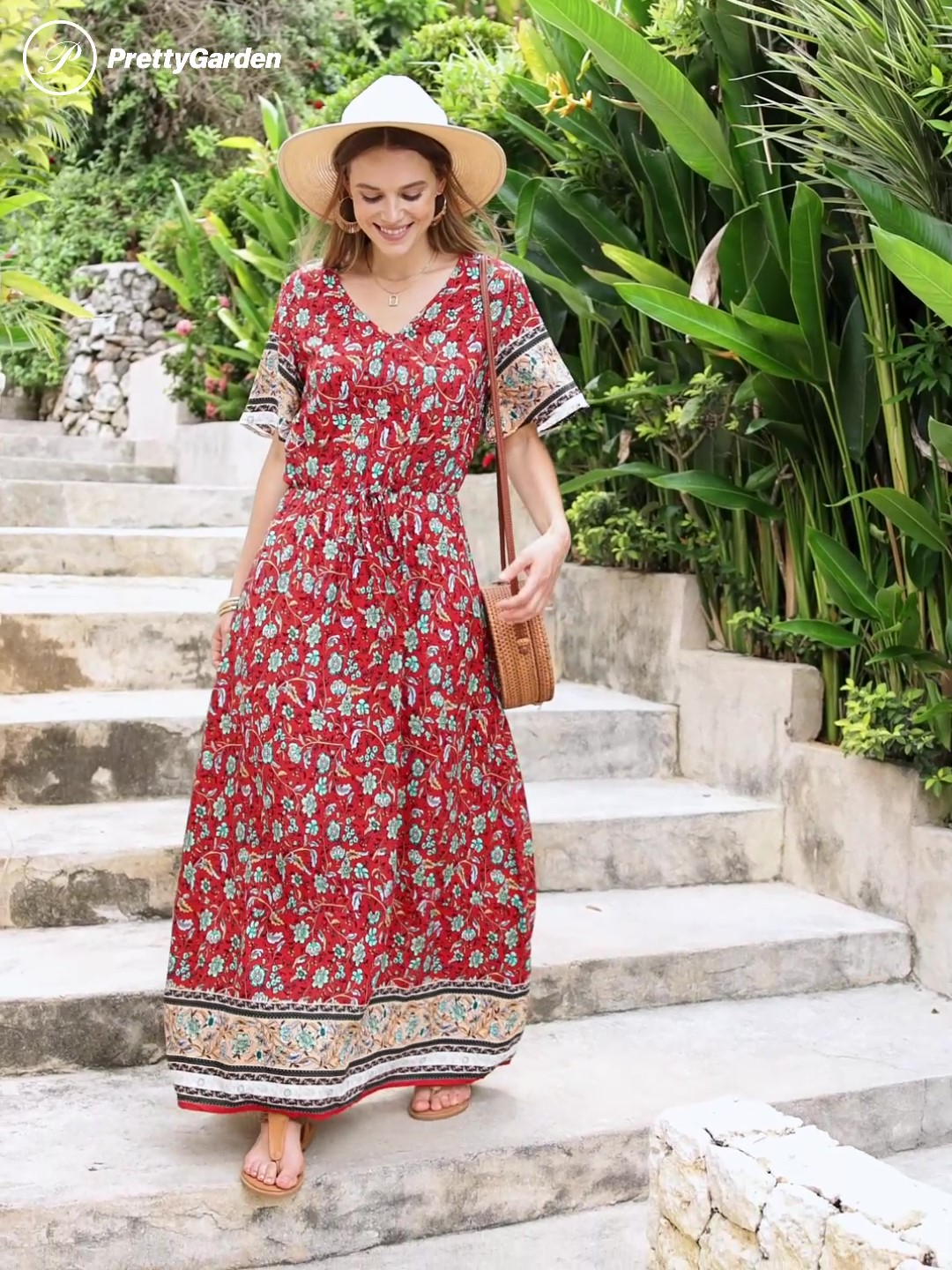 PRETTYGARDEN Women's Casual Summer Boho Floral Print Dress V Neck