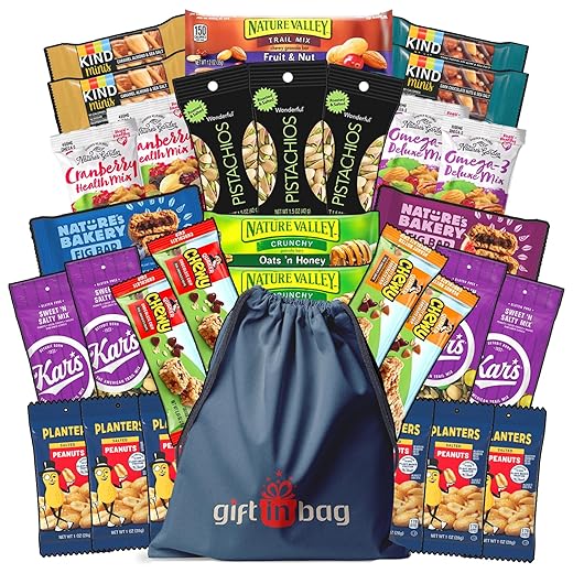 Ultimate Healthy Snacks Care Package ( 30 Count ) - Bars & Nuts Variety- Christmas Gift Bag Bundle Present - Kids Adults Boys Girls College Student Men Women Office - Comes with Reusable Gift Bag
