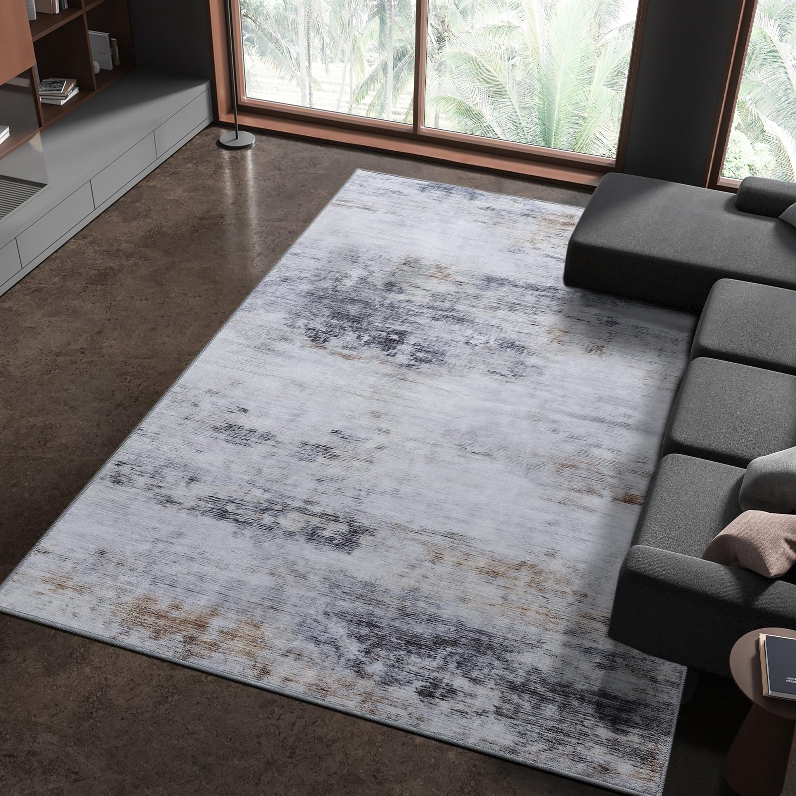 Toneed Abstract Area Rug 5x7 Modern Washable Rug Soft Non Slip Rug Low Pile for Bedroom Living Room Dining Room Grey/Brown