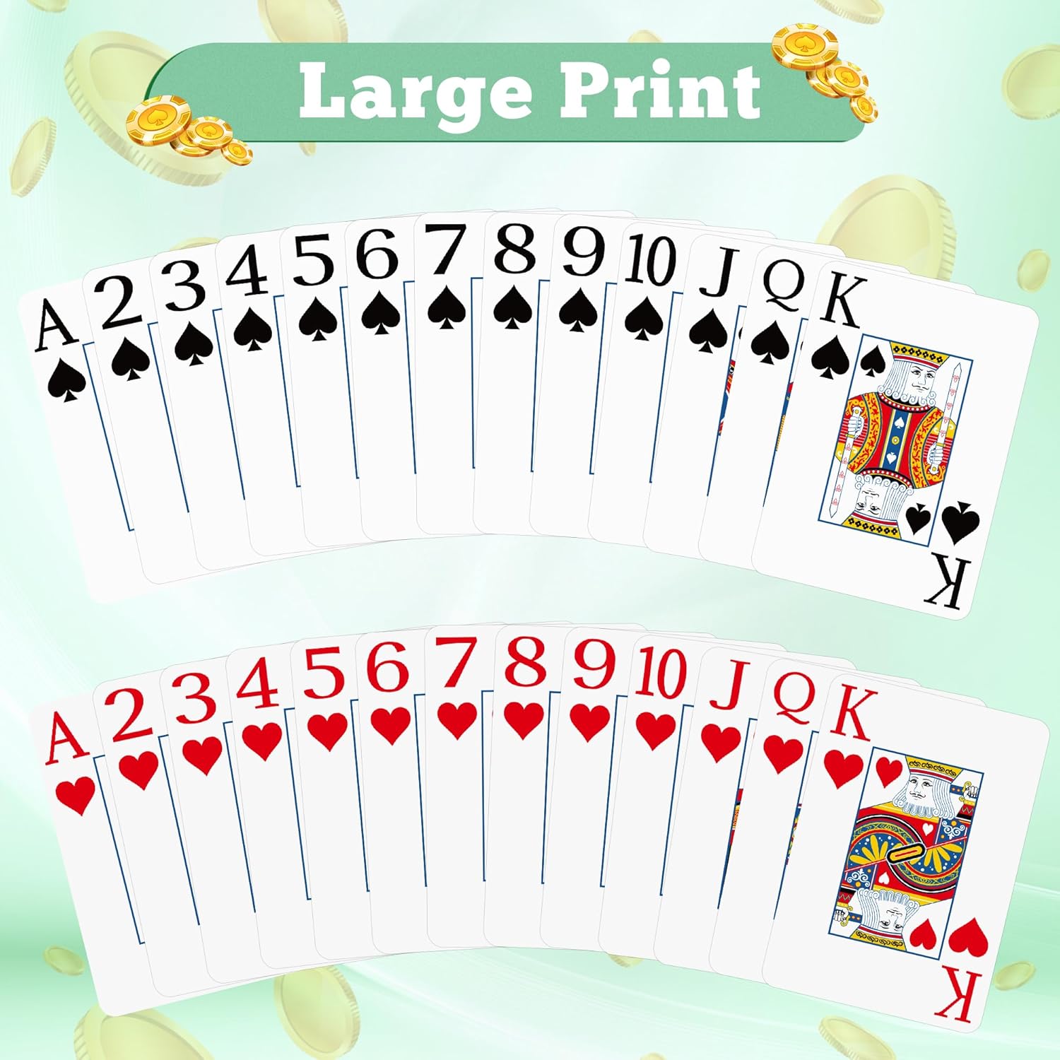 Playing Cards 2 Pack, Deck of Cards, Large Print Playing Cards, Easy to Shuffle, Premium Poker Cards for Card Games Family Game Night Table Magic Casino Theme Party Supplies (Green & Red)
