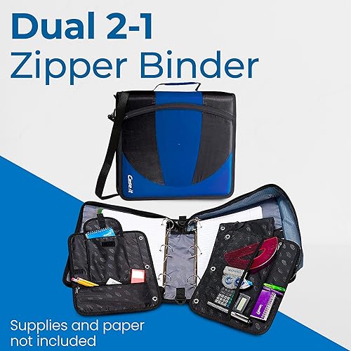 Miniatura 7 de Case-it Carpeta Dual 2 en 1 con Cremallera Dos Anillos en D de 3,81 cm, Capacidad para 600 Hojas, Estuche para Lápices y Múltiples Bolsillos