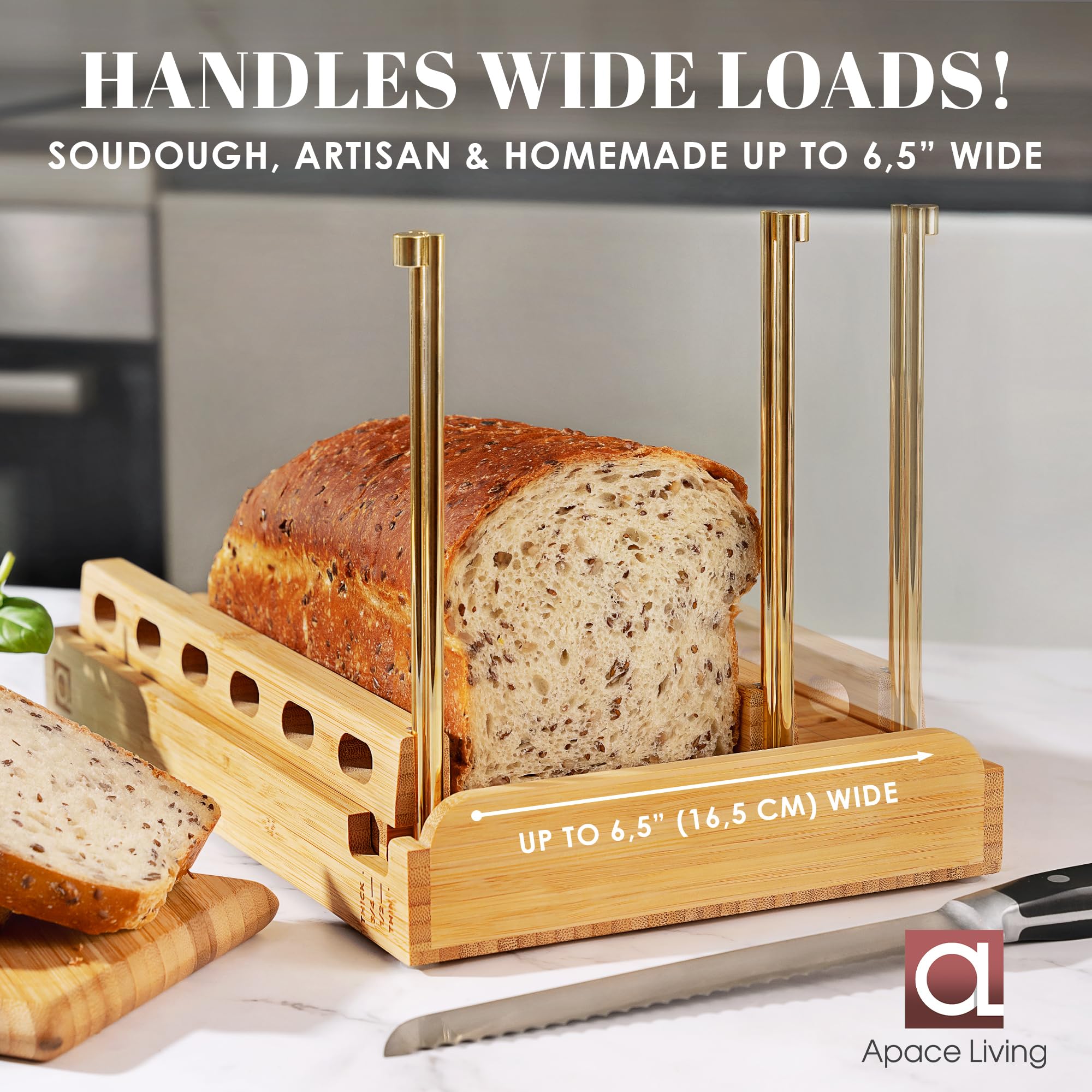 DITTO 2.0 Bambus-Brotschneider für hausgemachtes Brot, 16,5 cm breit, verstellbarer Brotschneider, schneidet gleichmäßige Scheiben, 4 Dickenoptionen, funktioniert mit Brötchen, Bagels – inkl.