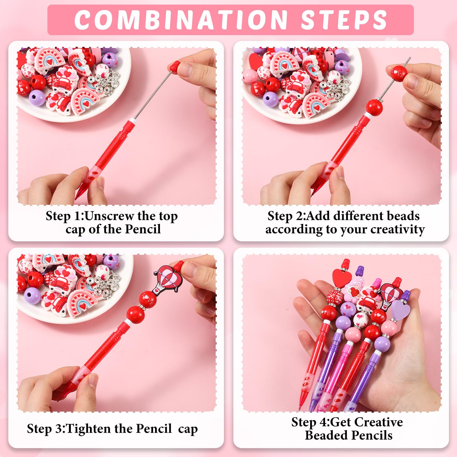 Fullhawl Kit de 224 lápices con cuentas para el día de San Valentín, 28 juegos de lápices con cuentas rosas, bolsas de lápices de cuentas para regalos del día de San Valentín, suministros de oficina