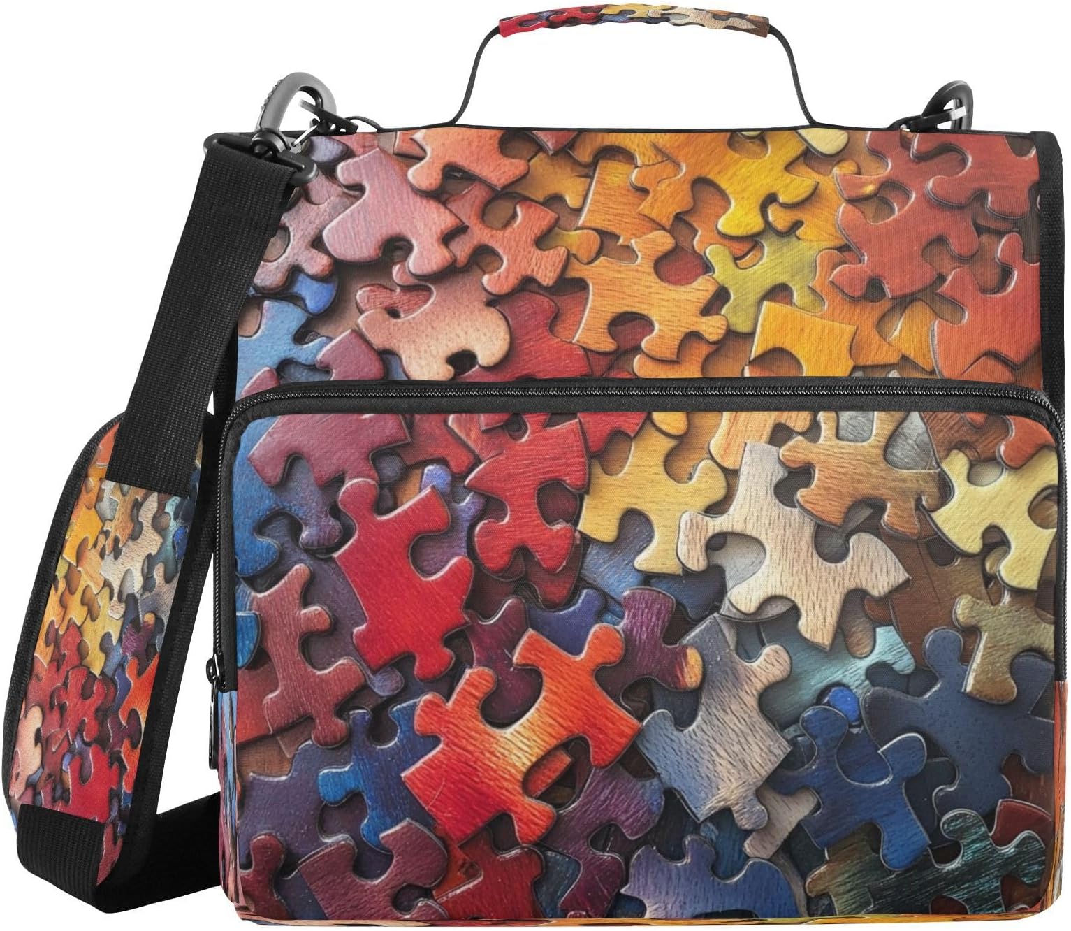 Jigsaw Puzzle Pattern Zipper Binder with Shoulder Strap & Pockets 1.5 inch 3 Ring Binder Bag Expanding File Folder Organiser for School & Office